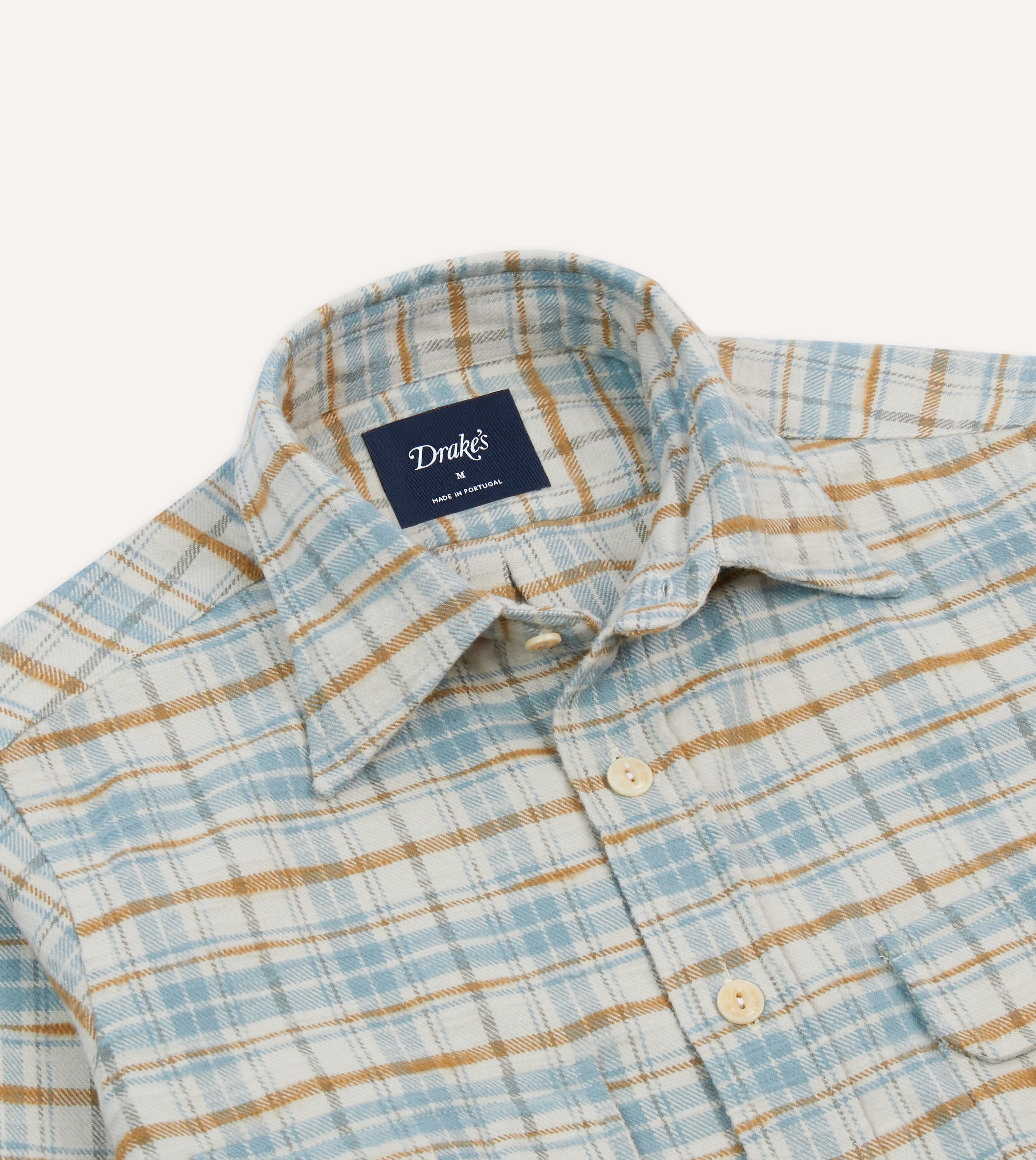 Ecru and Blue Check Cotton Two-Pocket Work Shirt – Drakes