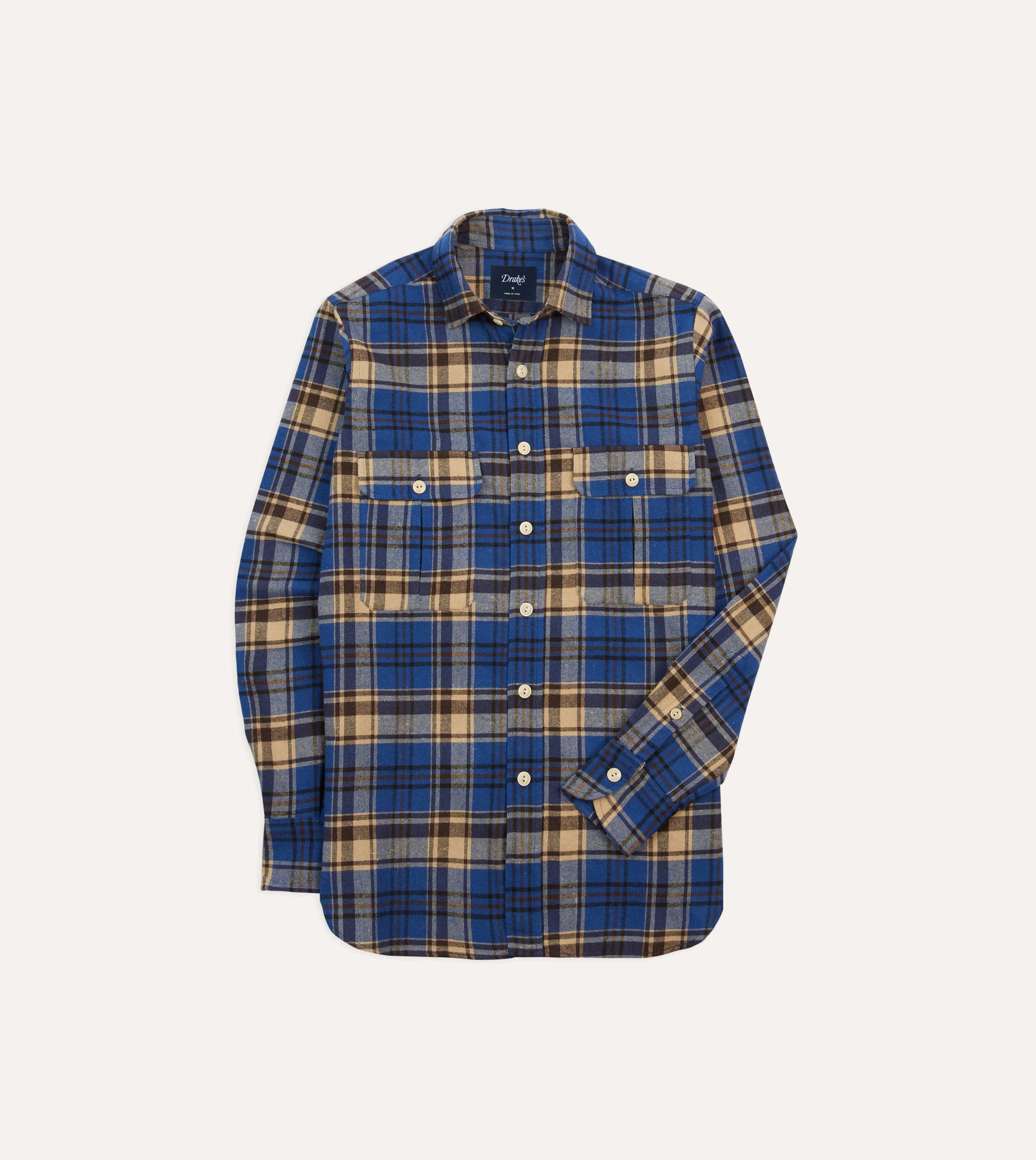 Blue and Ecru Check Brushed Cotton Two-Pocket Work Shirt