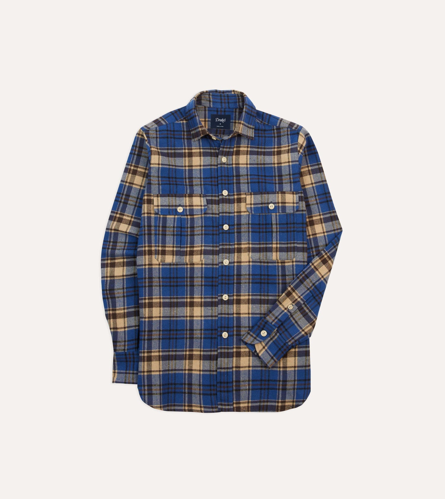 Blue and Ecru Check Brushed Cotton Two-Pocket Work Shirt