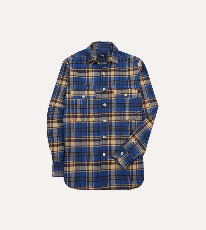Blue and Ecru Check Brushed Cotton Two-Pocket Work Shirt