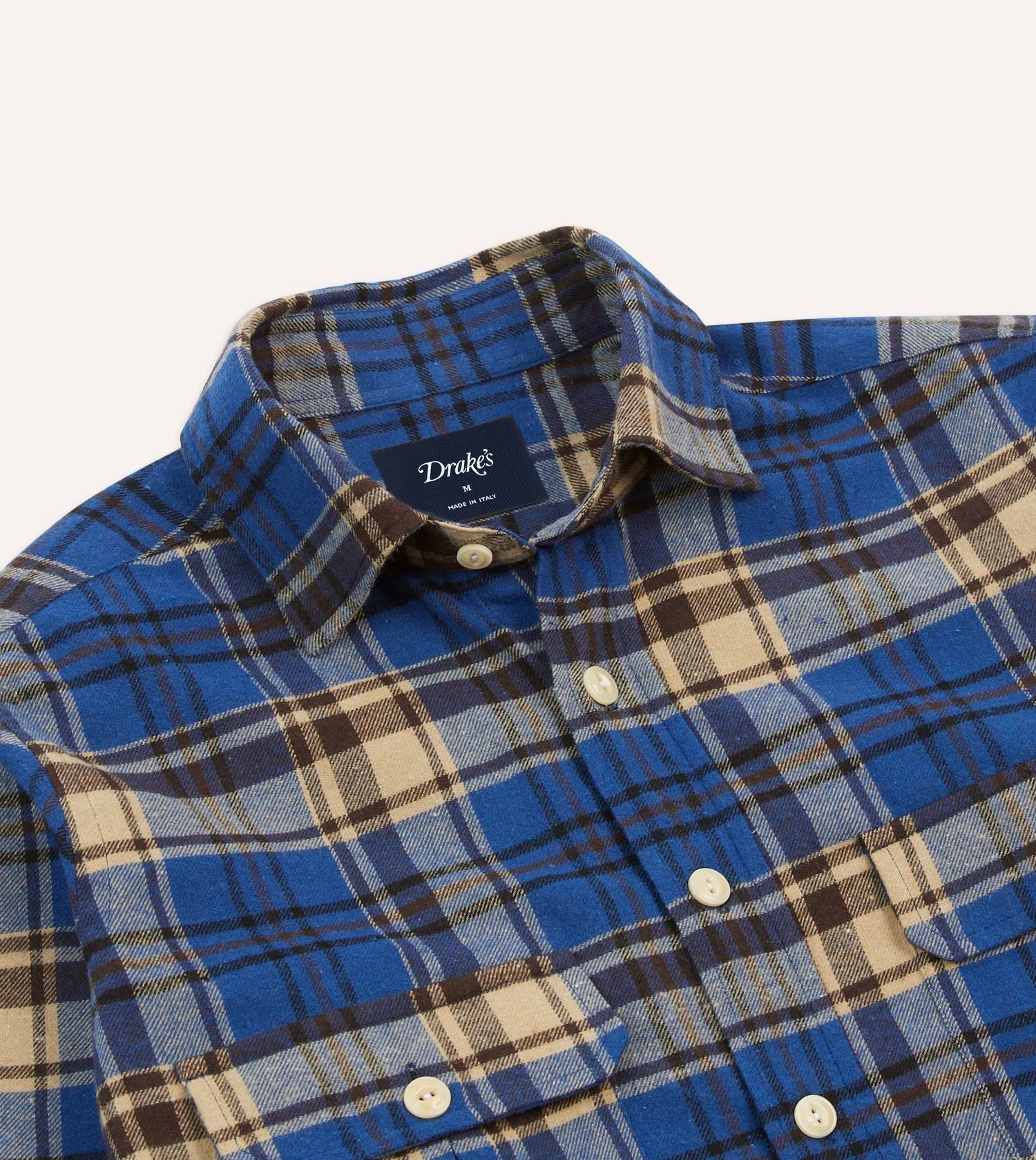 Blue and Ecru Check Brushed Cotton Two-Pocket Work Shirt