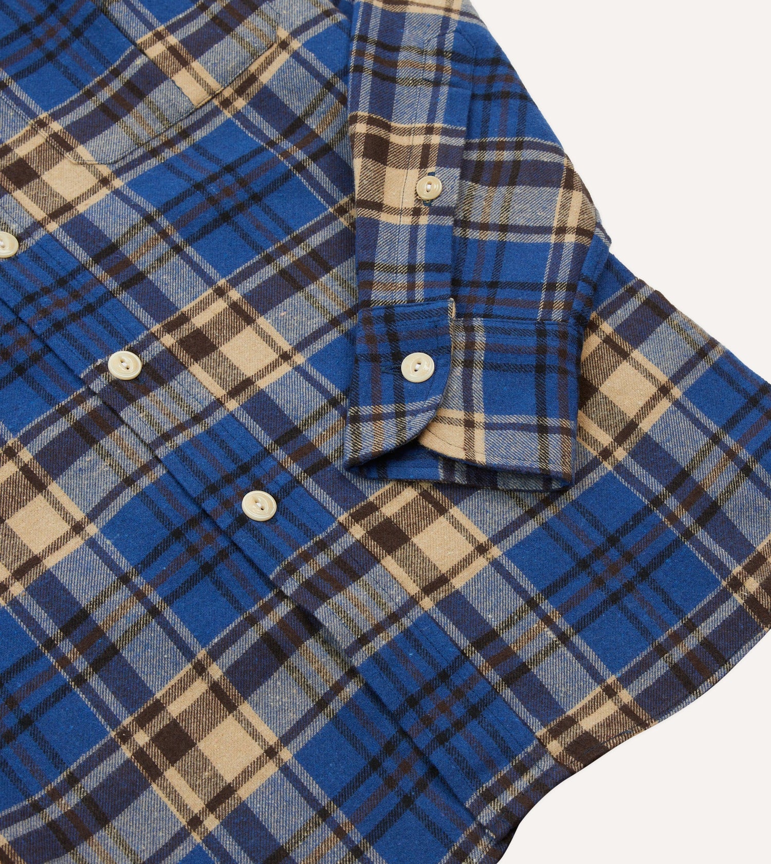Blue and Ecru Check Brushed Cotton Two-Pocket Work Shirt