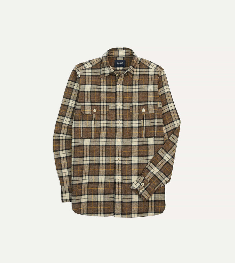 Brown Check Brushed Cotton Two-Pocket Work Shirt