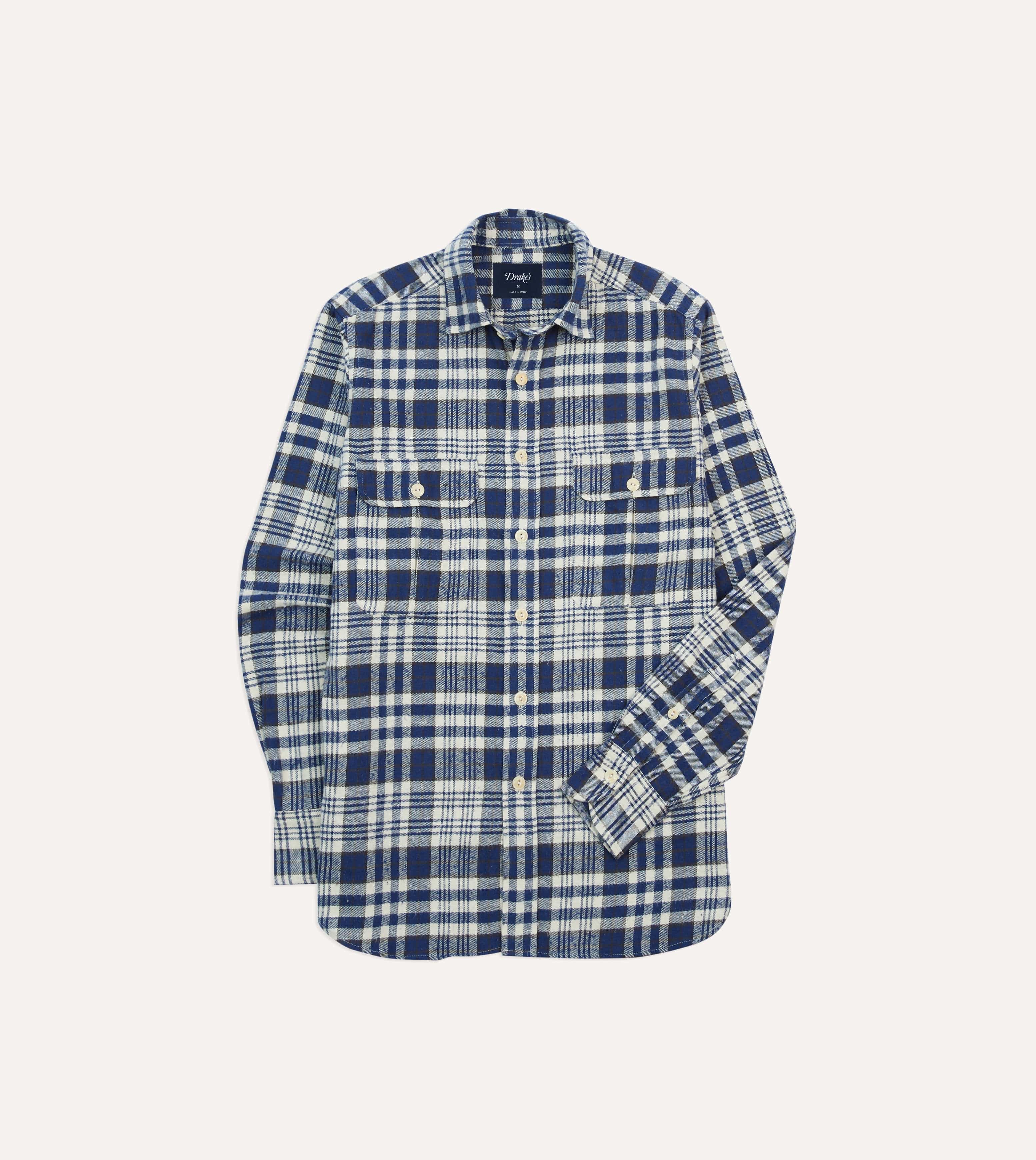 Blue Check Brushed Cotton Two-Pocket Work Shirt – Drakes