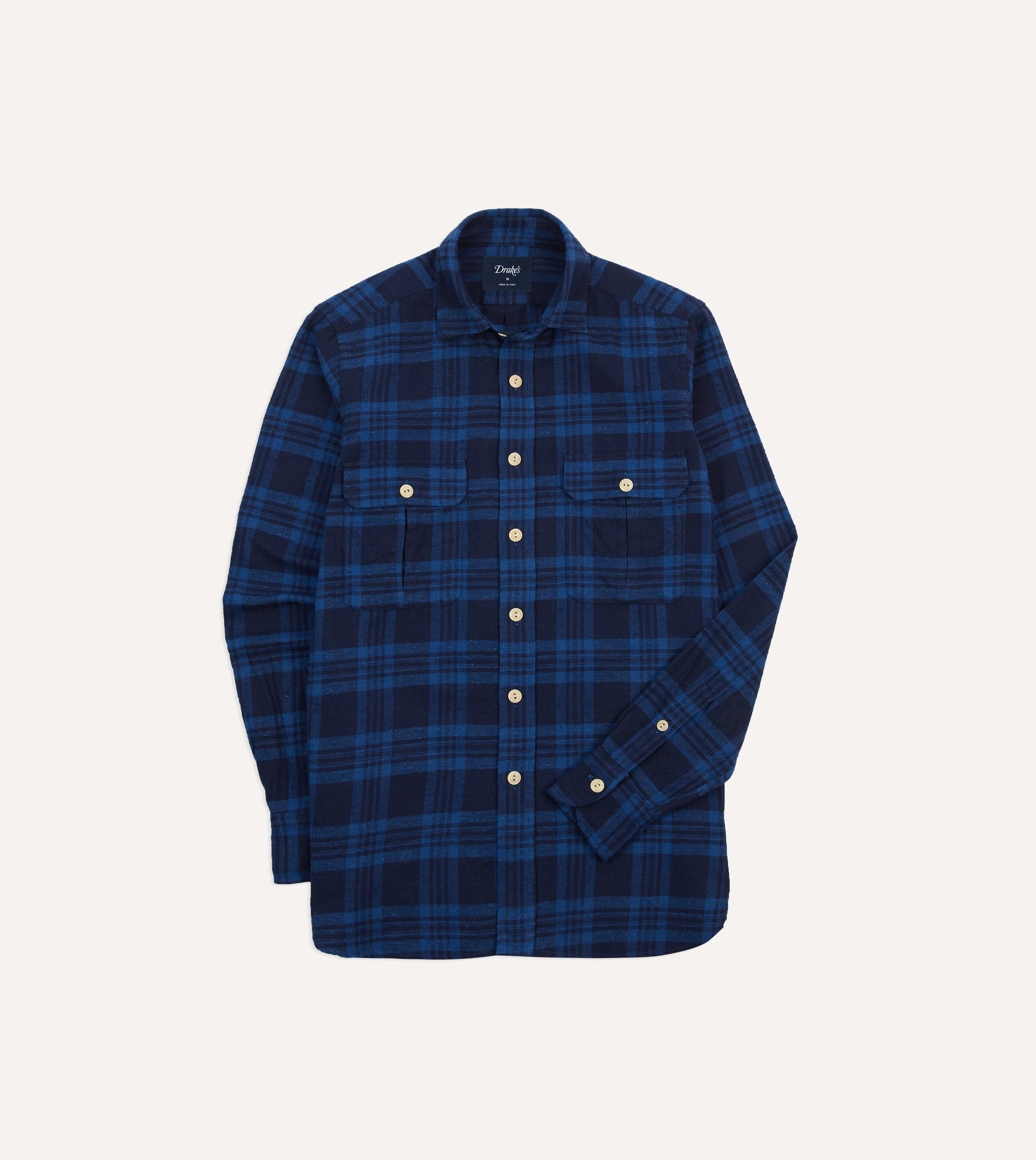 Navy Check Brushed Cotton Two-Pocket Work Shirt