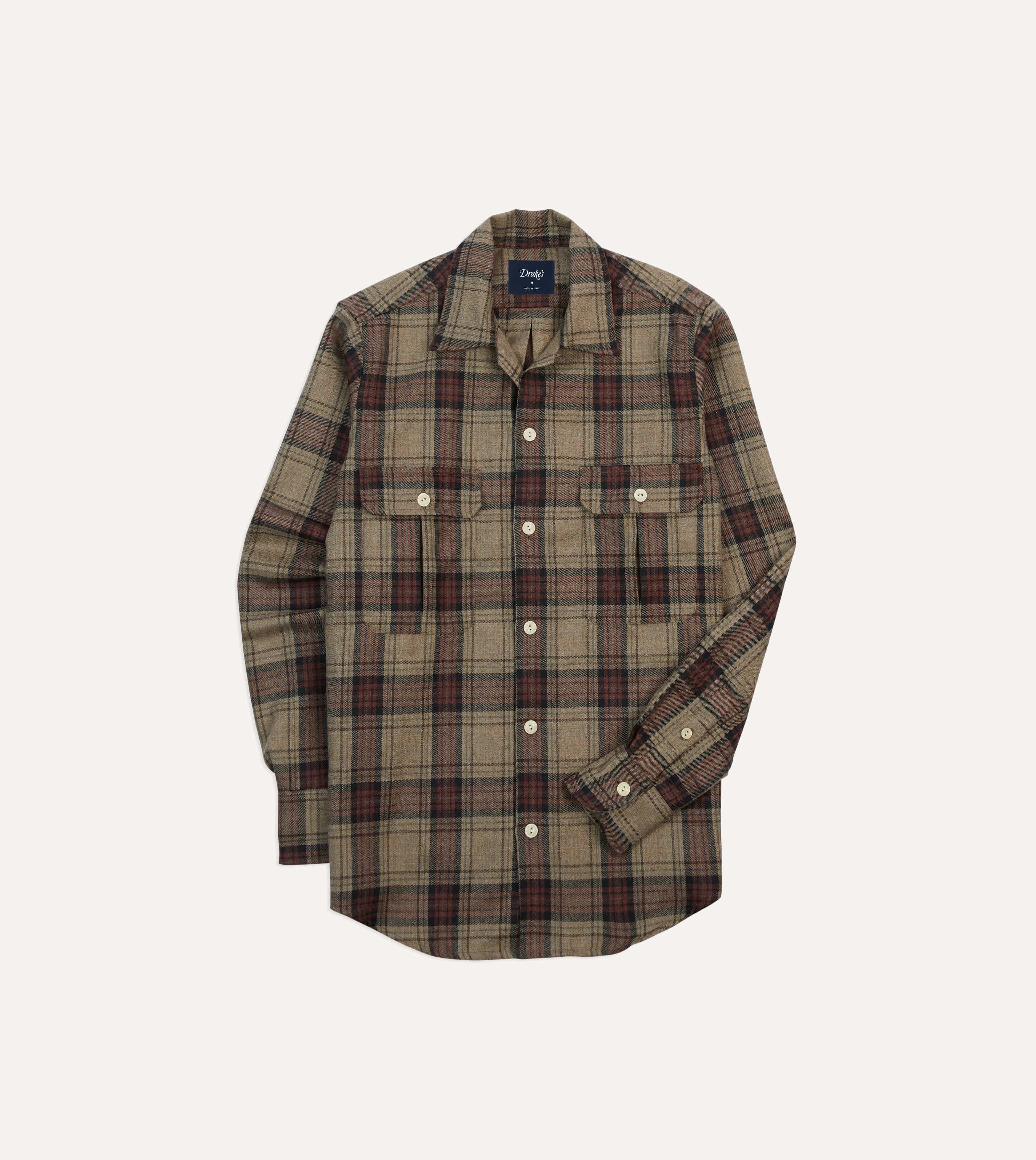Brown Check Wool Two-Pocket Camp Collar Work Shirt
