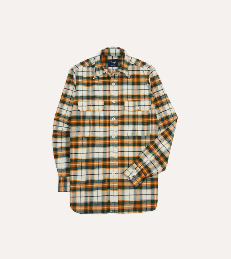 Ecru and Orange Check Cotton Two-Pocket Work Shirt