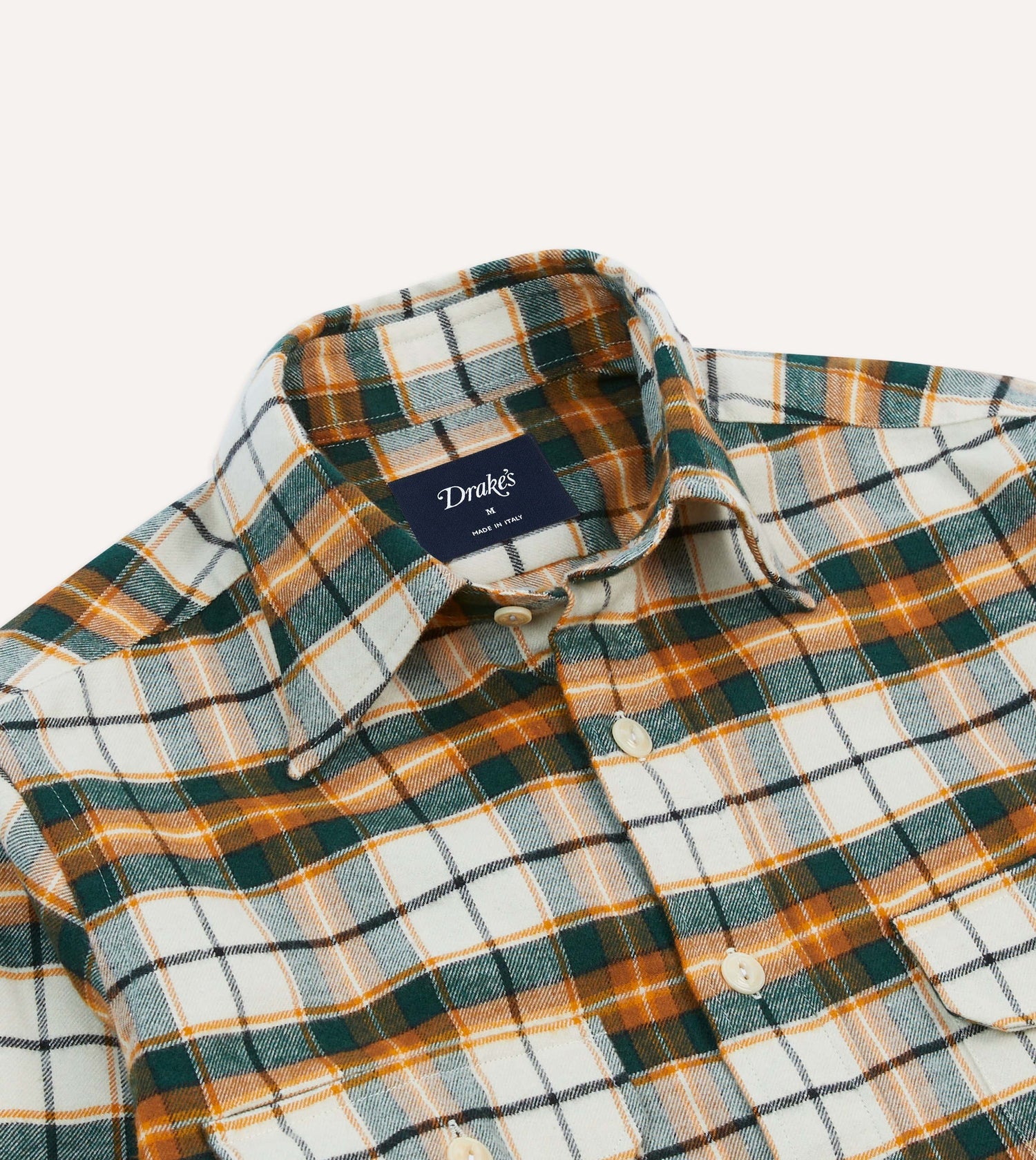 Ecru and Orange Check Cotton Two-Pocket Work Shirt