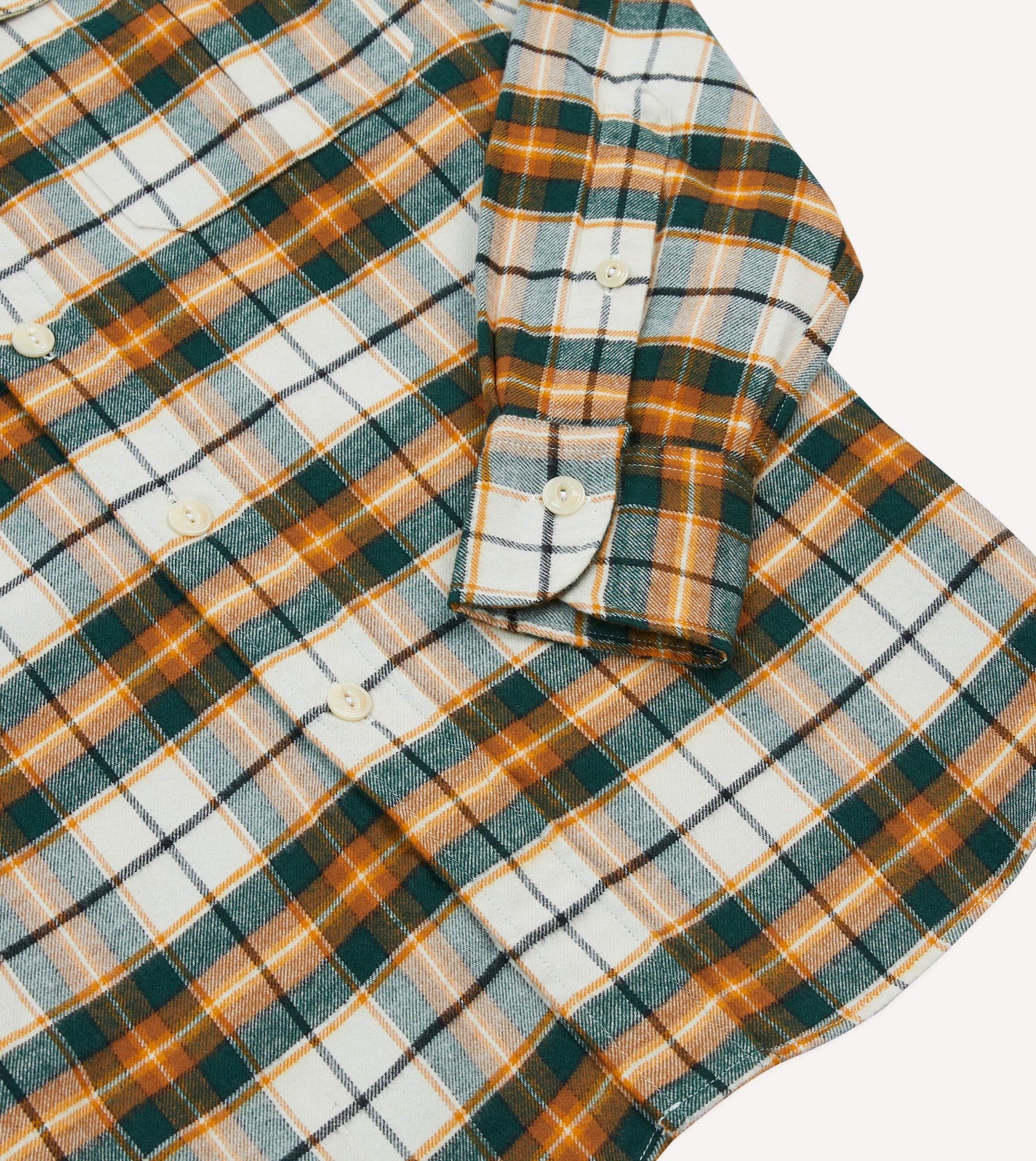 Ecru and Orange Check Cotton Two-Pocket Work Shirt