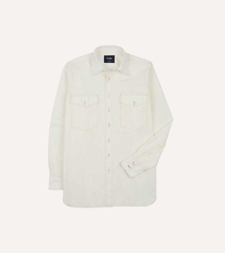 White Cotton-Linen Two-Pocket Work Shirt