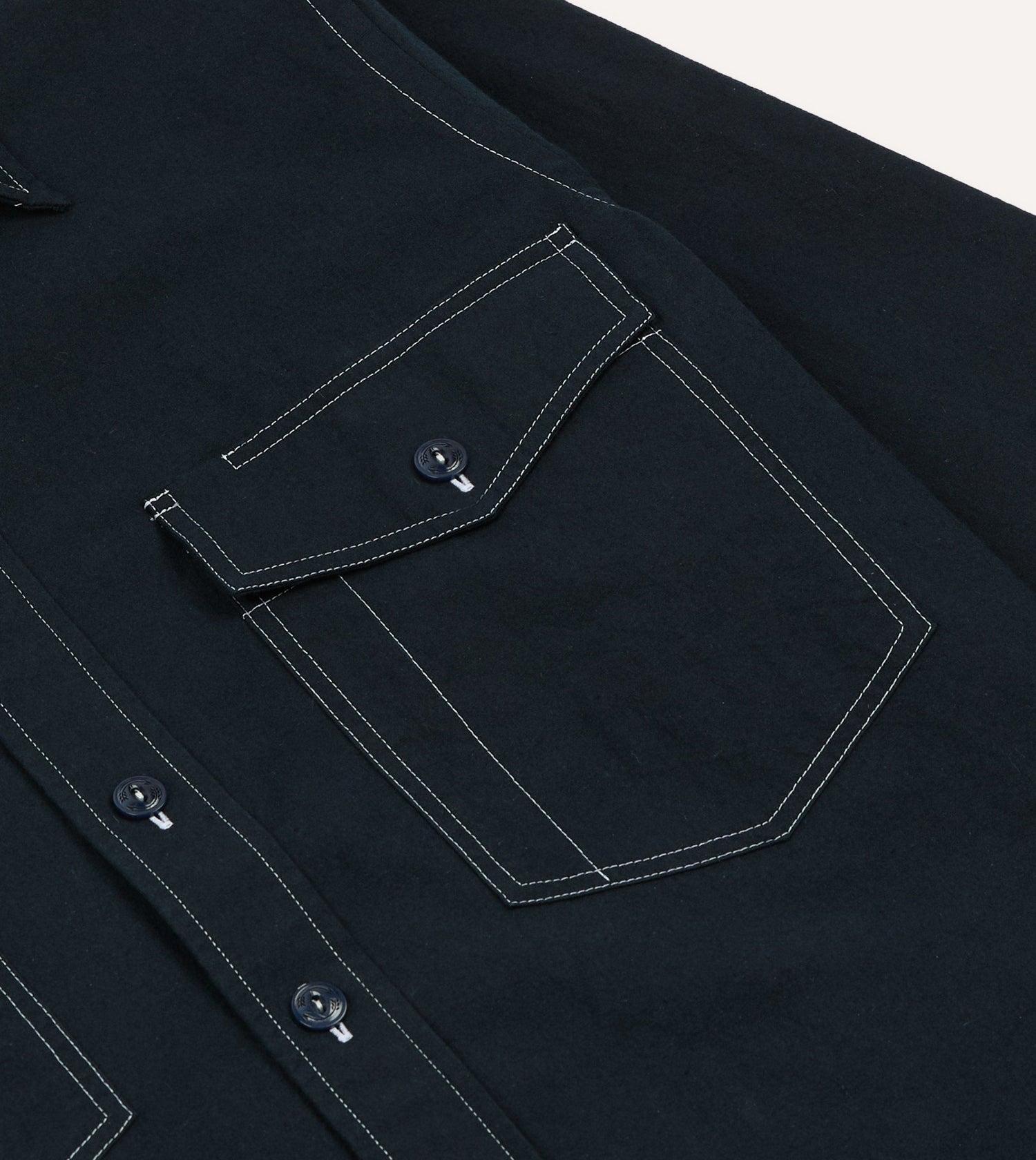 Navy Contrast Stitch Cotton-Linen Two-Pocket Work Shirt