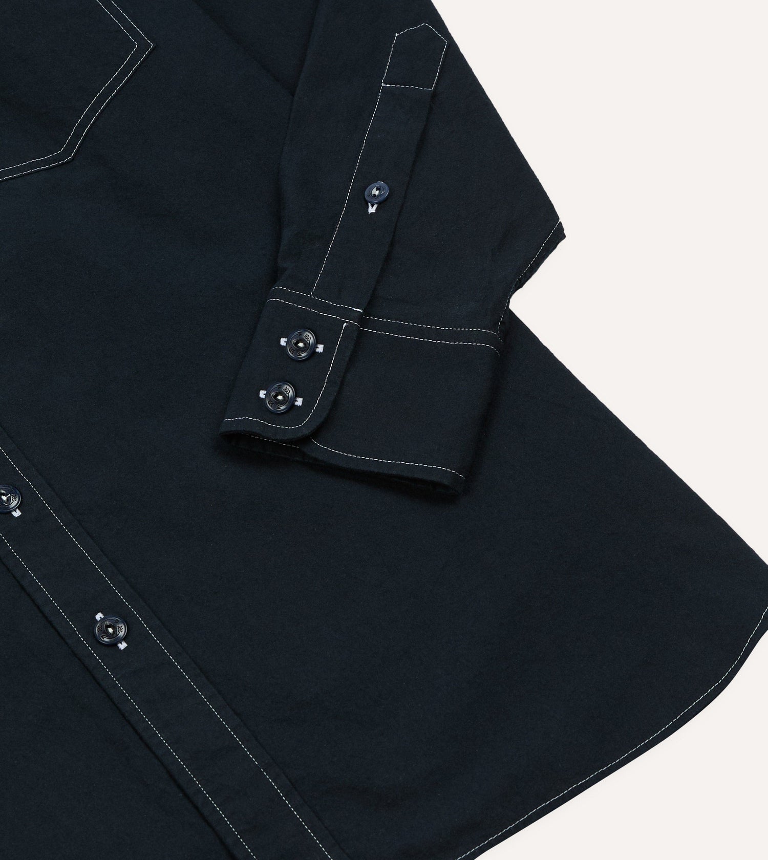 Navy Contrast Stitch Cotton-Linen Two-Pocket Work Shirt