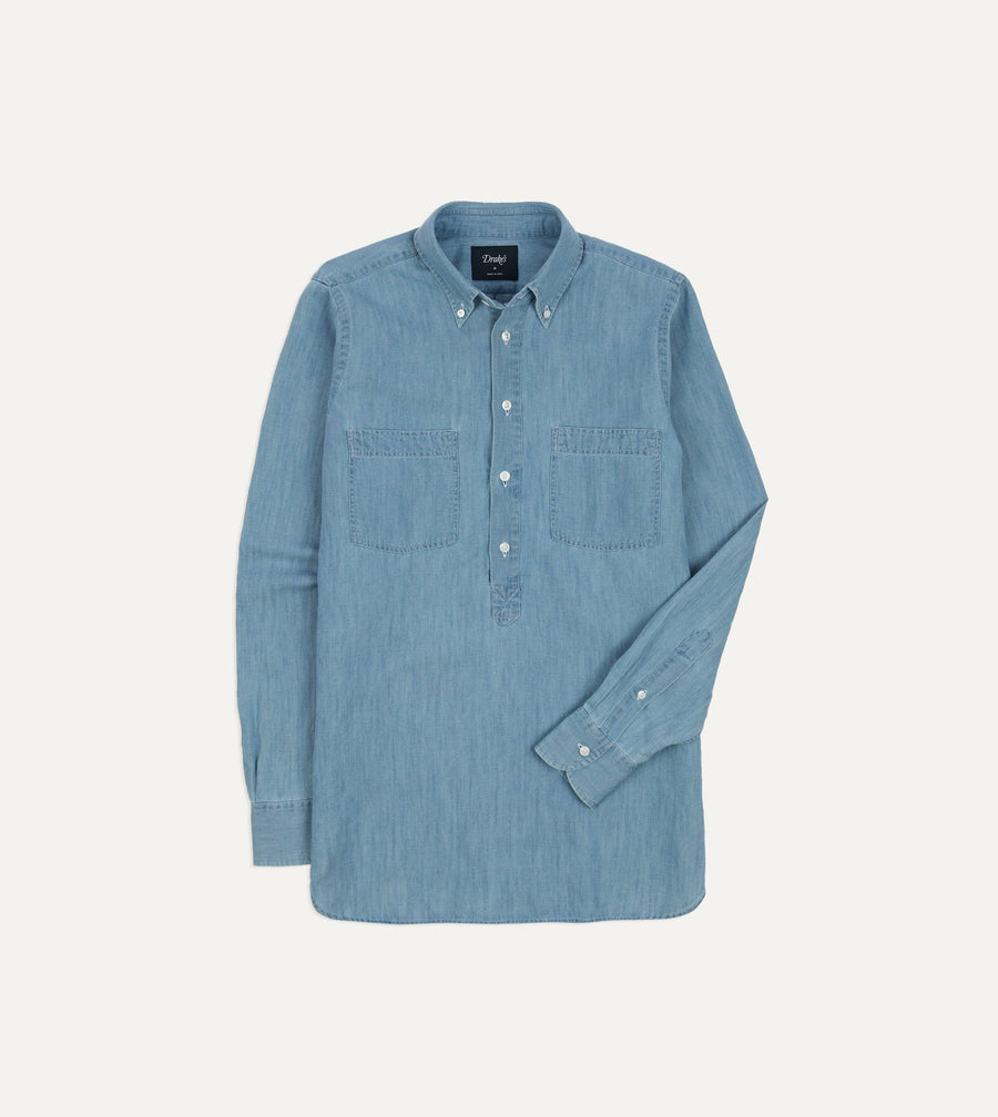 Stone Wash Cotton Chambray Button-Down Collar Popover Shirt