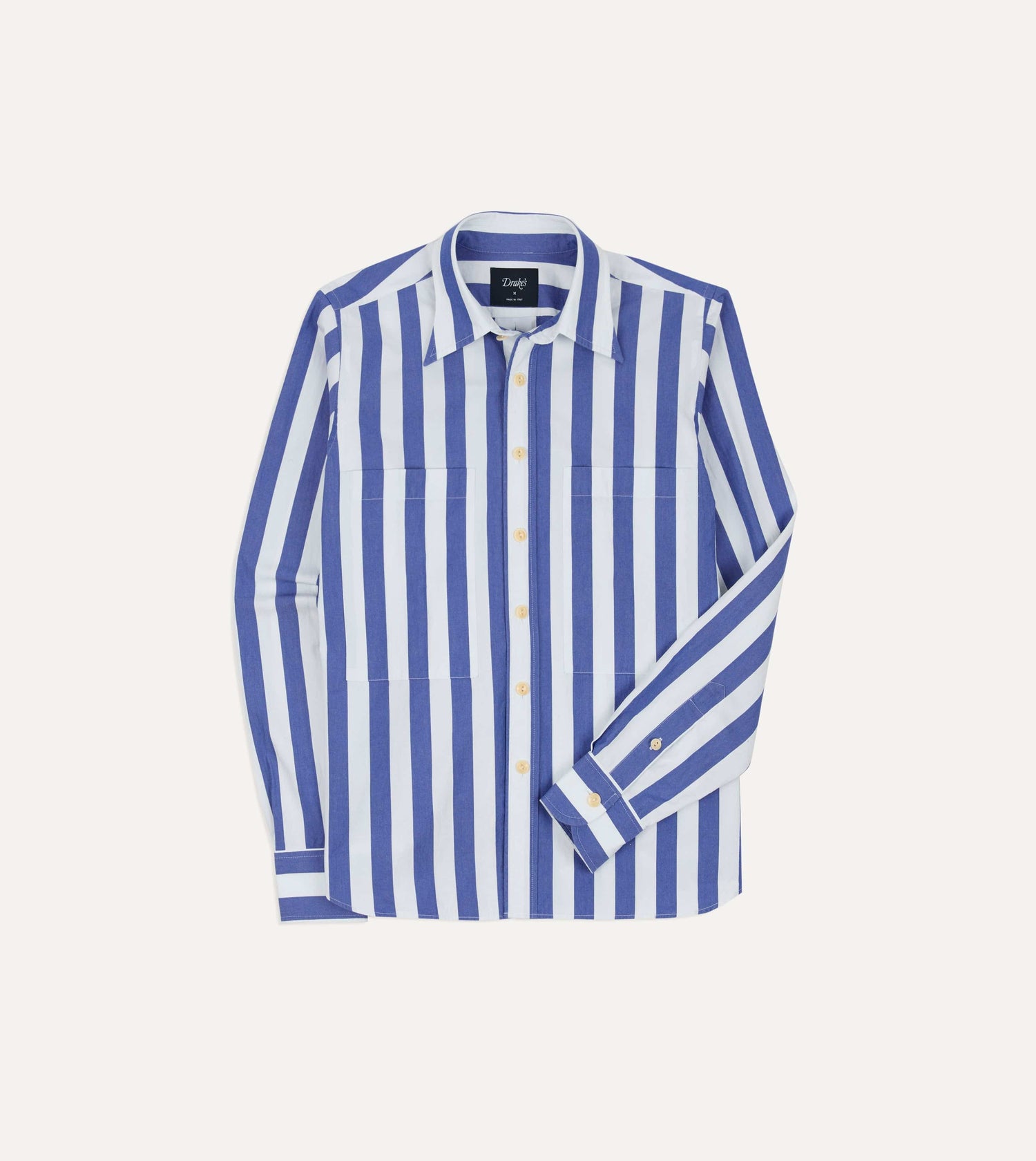 Blue and White Awning Stripe Cotton Long Point Collar Shirt