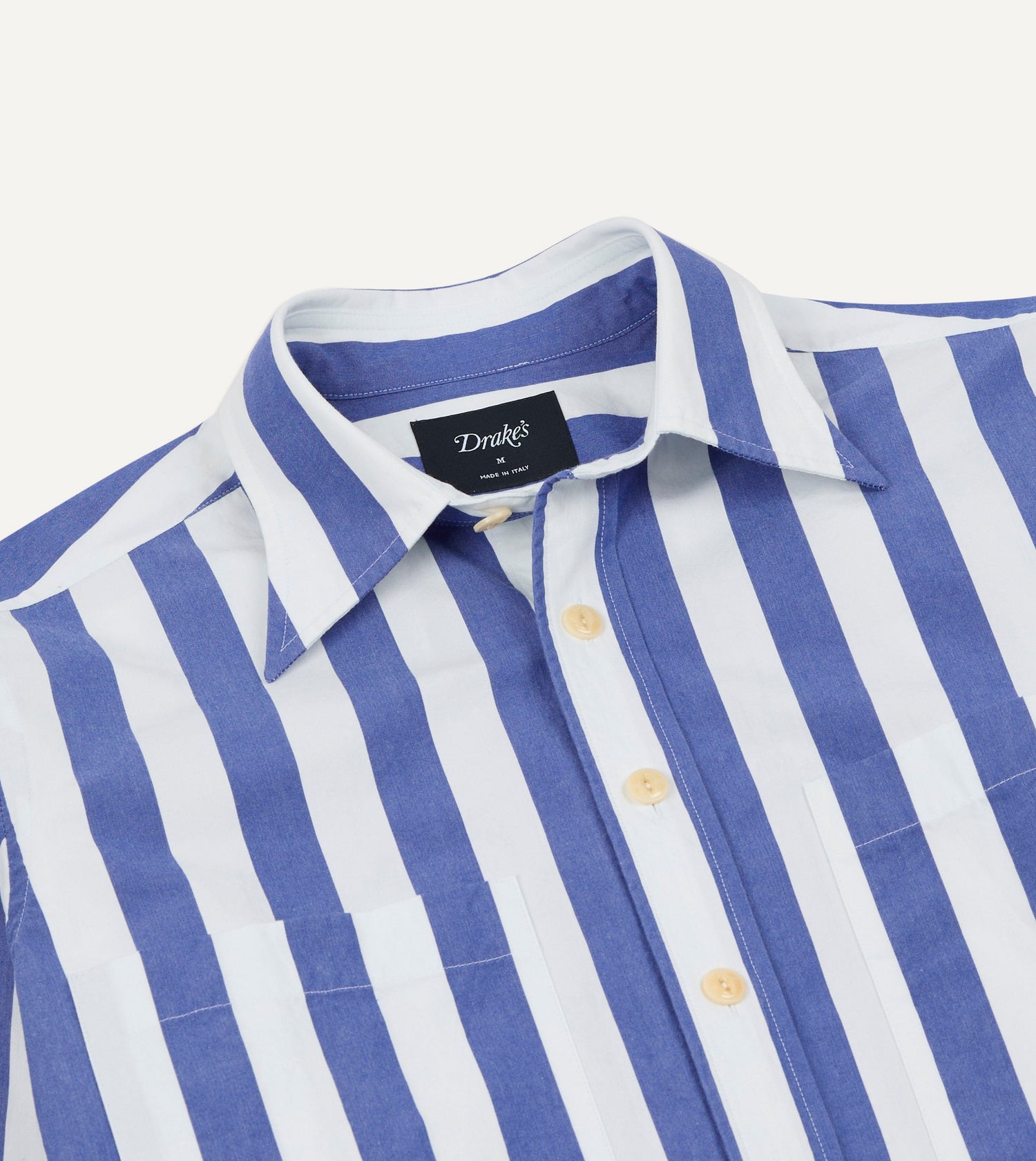 Blue and White Awning Stripe Cotton Long Point Collar Shirt
