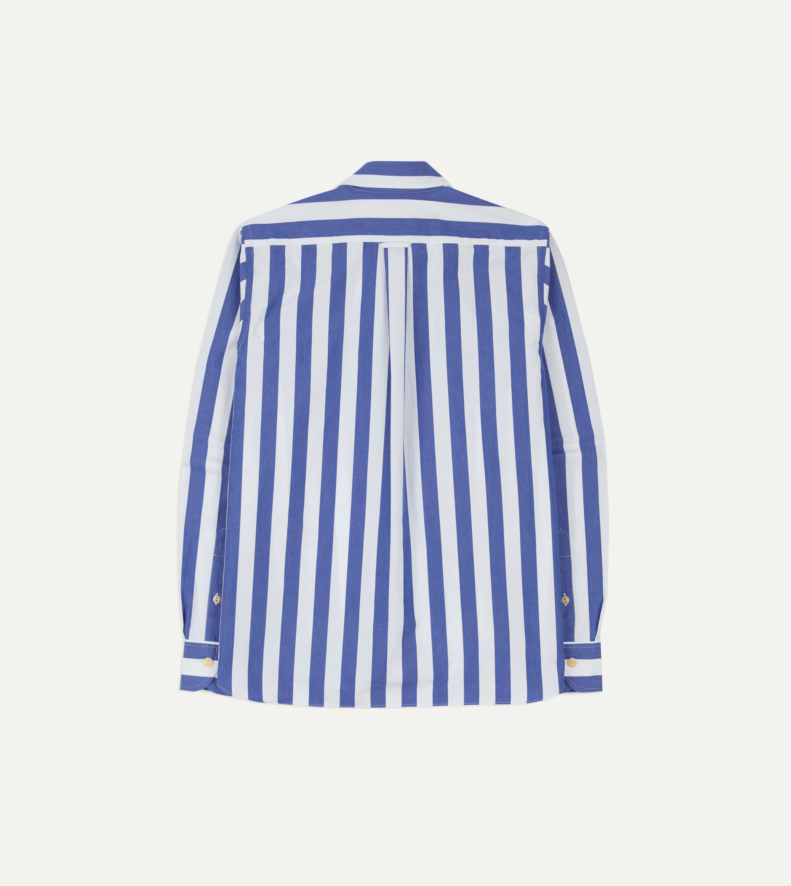 Blue and White Awning Stripe Cotton Long Point Collar Shirt