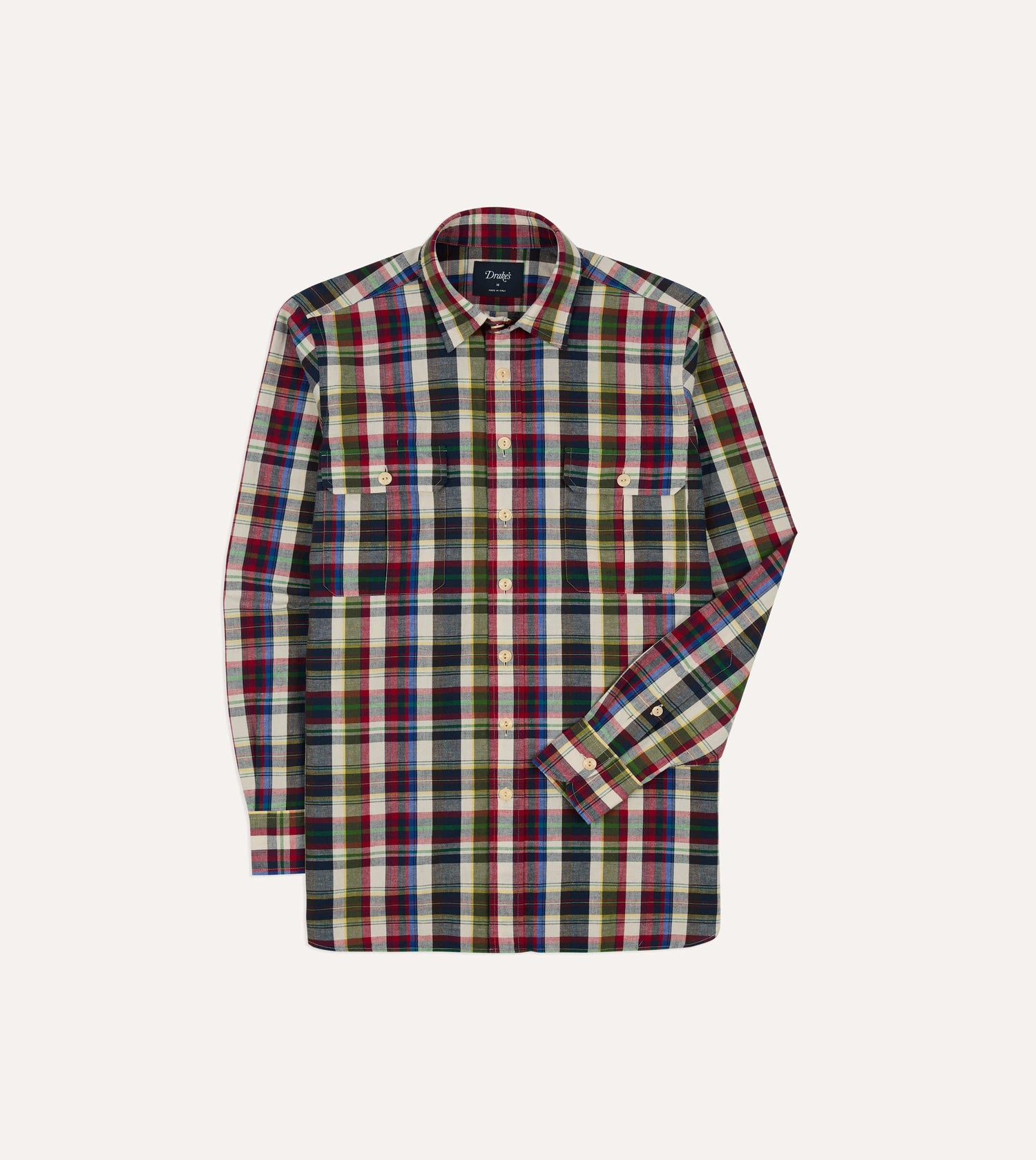 Navy and Red Check Cotton-Linen Two-Pocket Work Shirt
