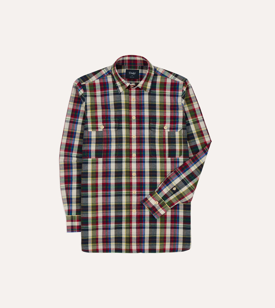 Navy and Red Check Cotton-Linen Two-Pocket Work Shirt