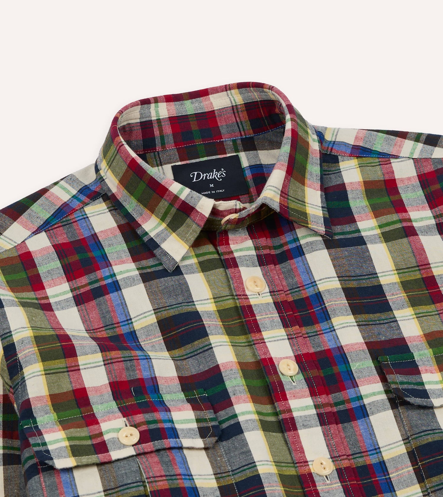 Navy and Red Check Cotton-Linen Two-Pocket Work Shirt