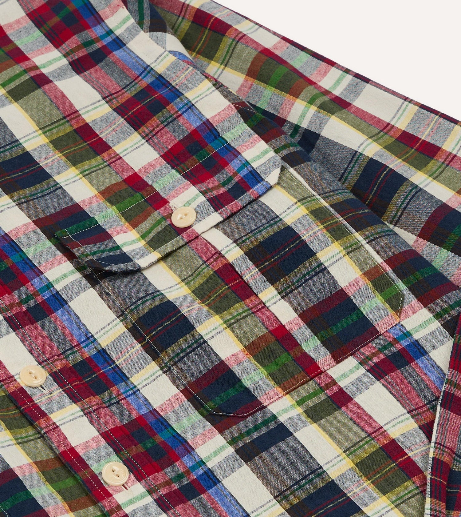 Navy and Red Check Cotton-Linen Two-Pocket Work Shirt