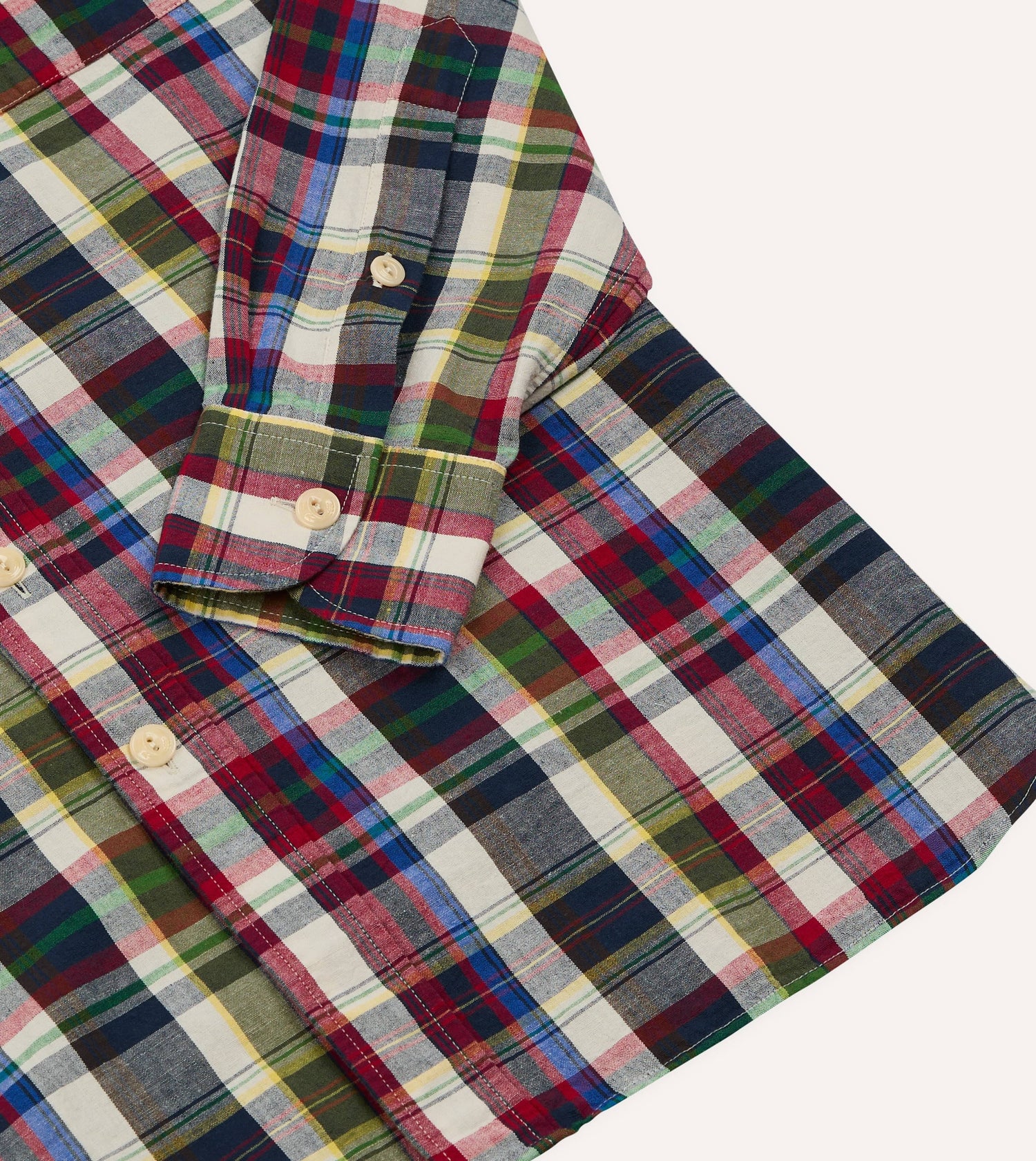 Navy and Red Check Cotton-Linen Two-Pocket Work Shirt