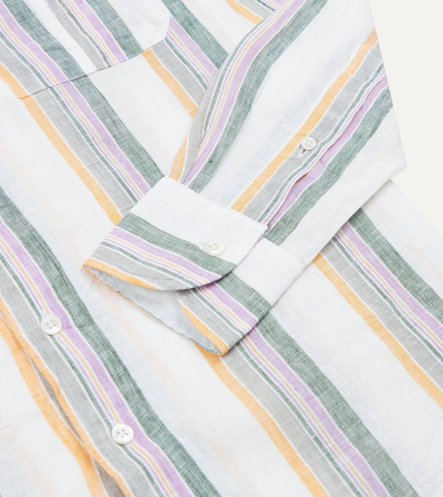 Ecru, Green and Purple Track Stripe Linen Spread Collar Shirt