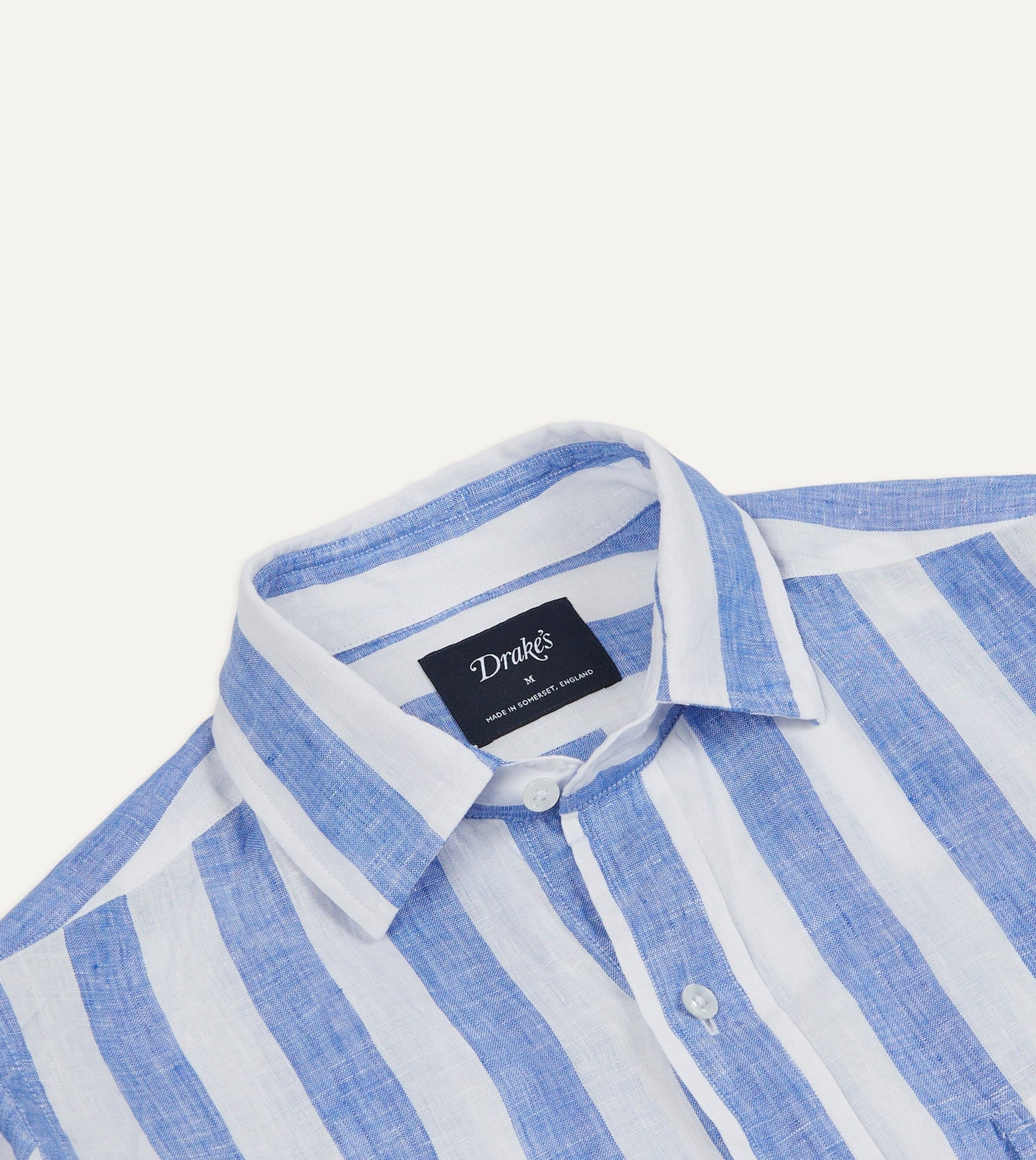 Blue and White Broad Stripe Linen Spread Collar Shirt
