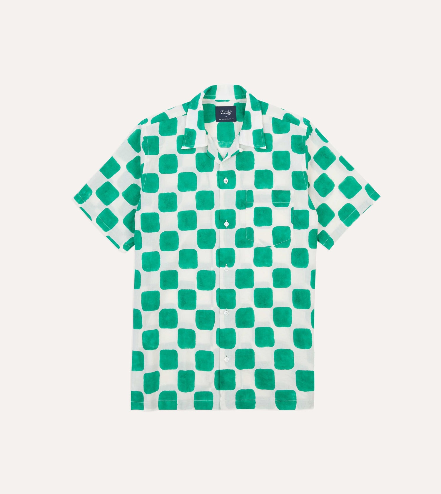 Green Chequerboard Block Print Cotton Camp Collar Short Sleeve Shirt