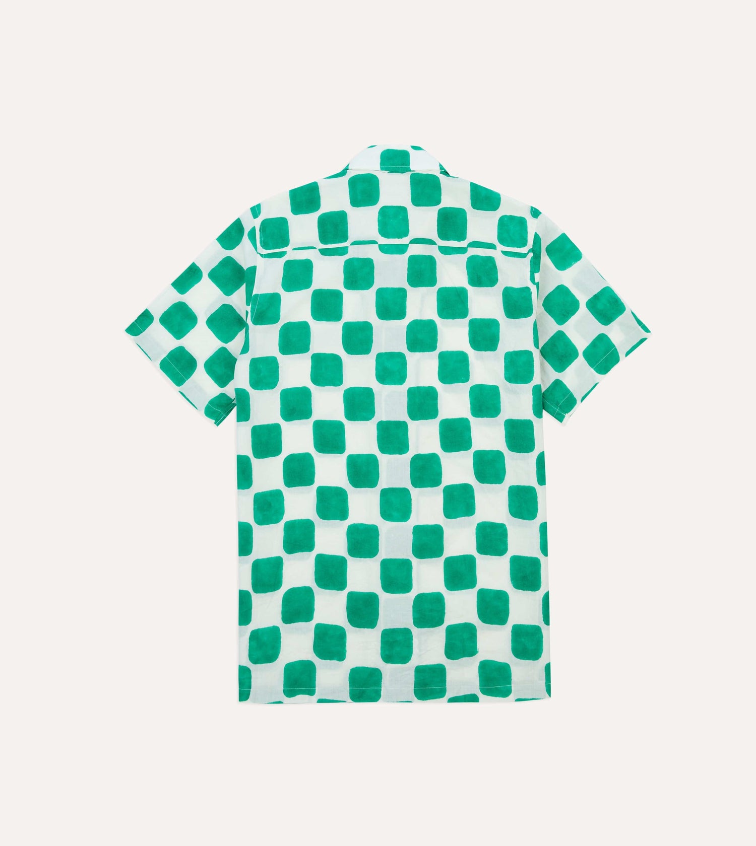 Green Chequerboard Block Print Cotton Camp Collar Short Sleeve Shirt