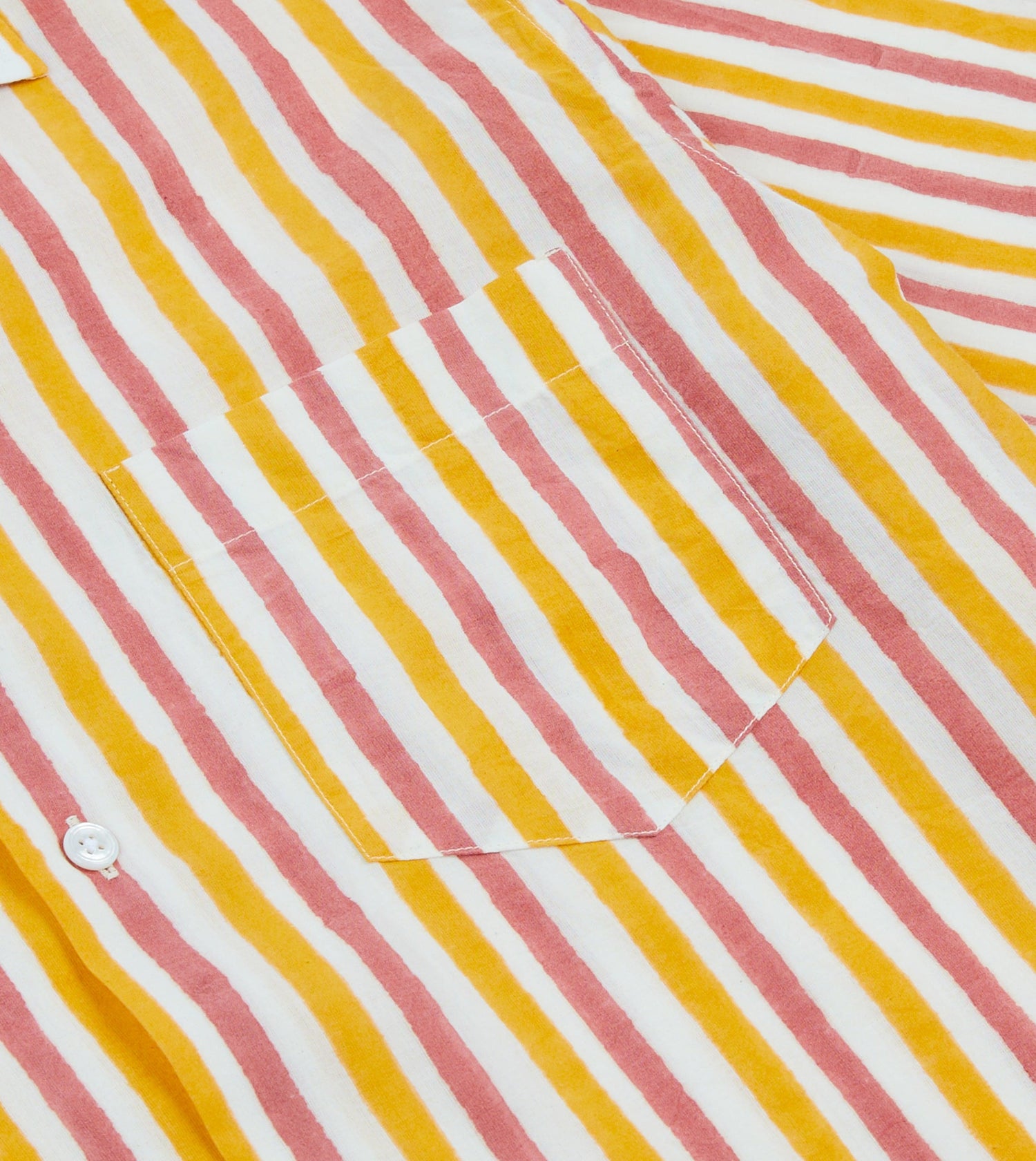 Yellow and Pink Stripe Block Print Cotton Camp Collar Short Sleeve Shirt