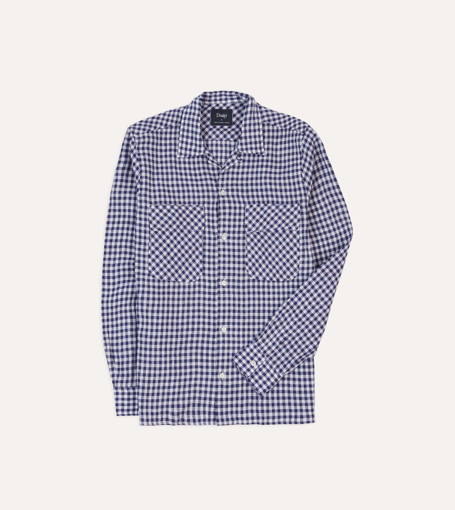 Navy Gingham Check Linen Camp Collar Long Sleeve Shirt – Drakes