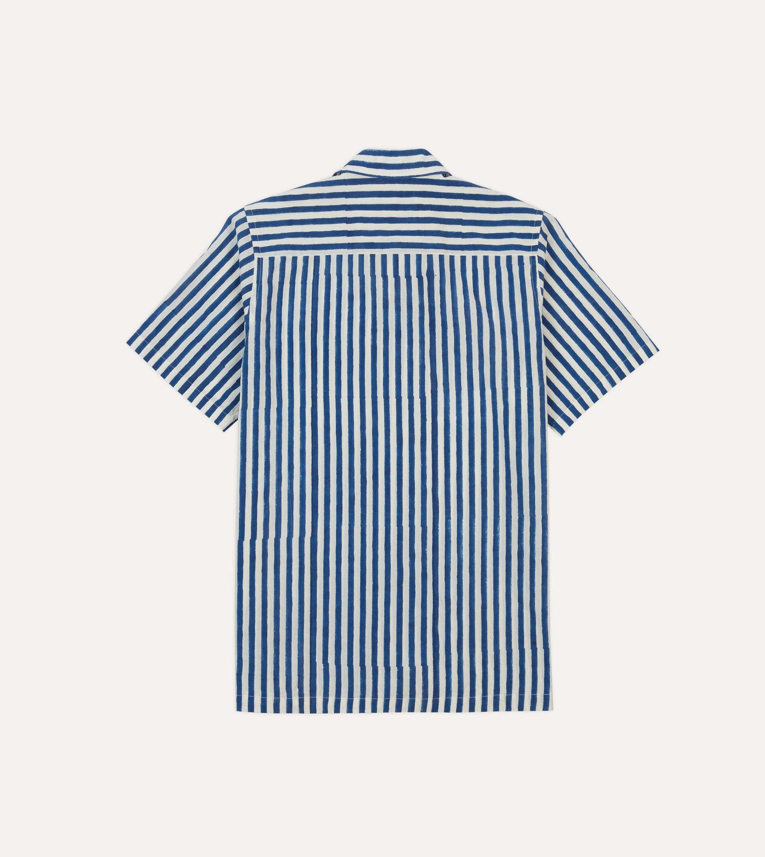 Blue Stripe Block Print Cotton Camp Collar Short Sleeve Shirt – Drakes