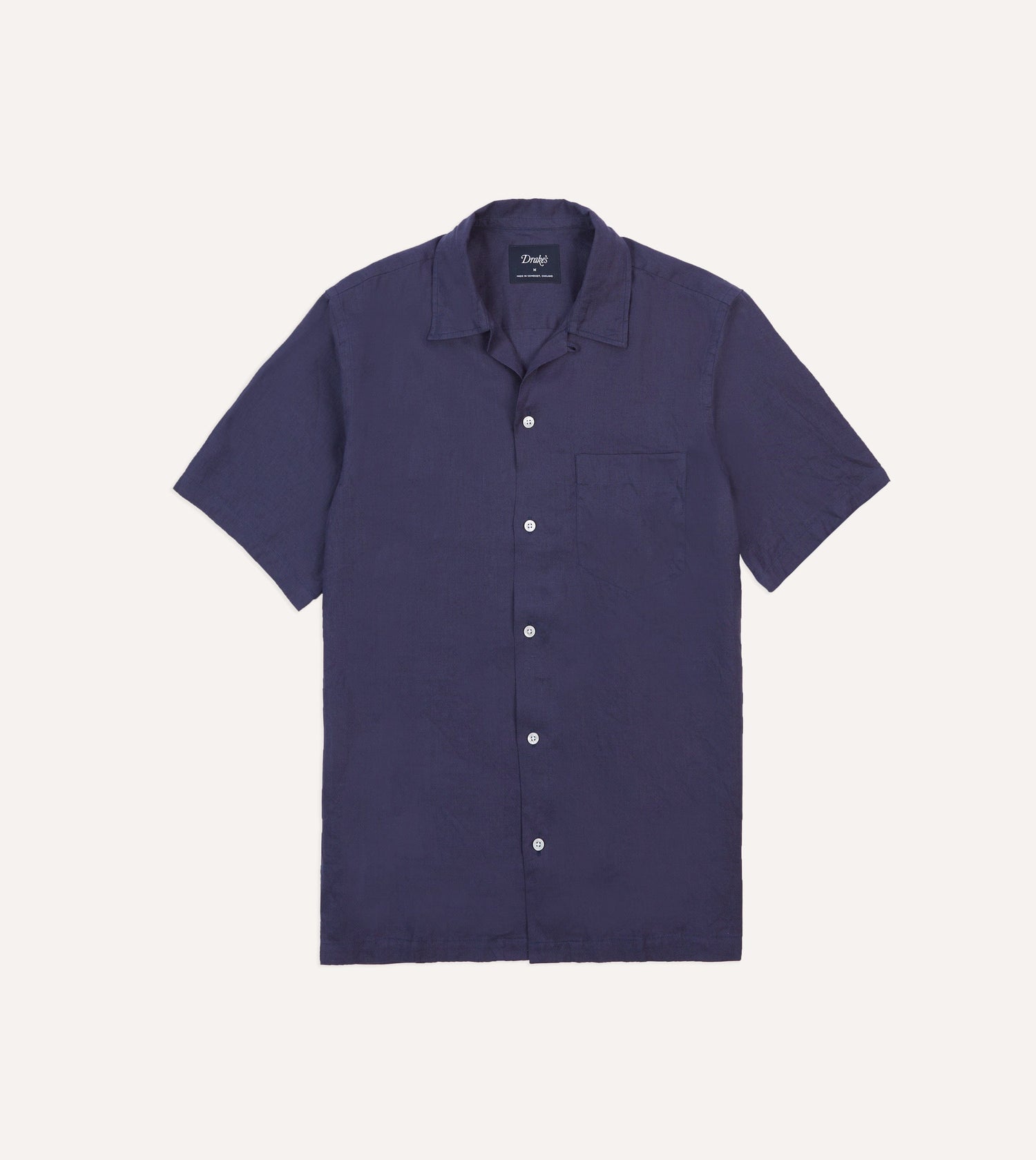 Navy Linen Camp Collar Short Sleeve Shirt
