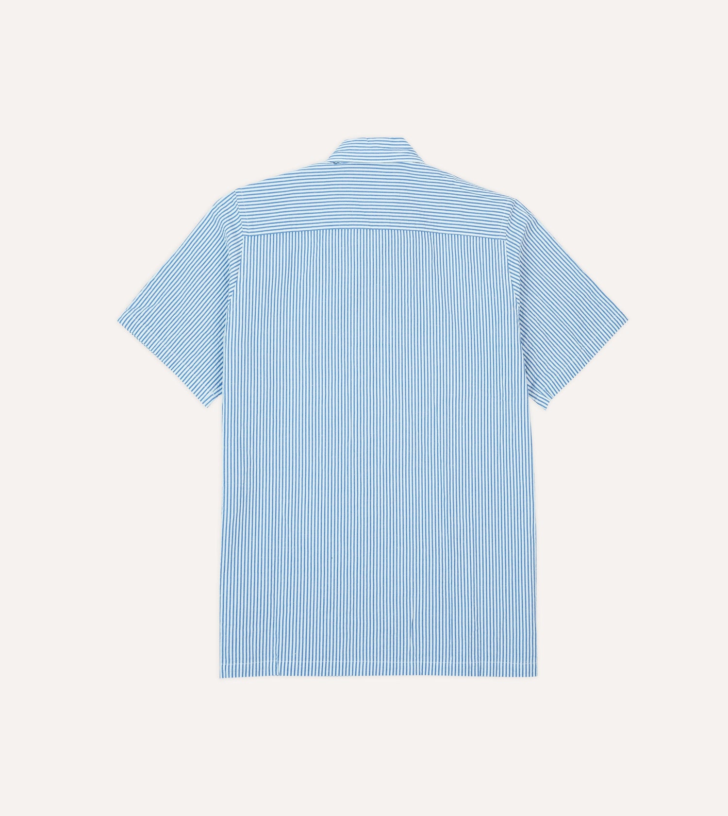 Blue and White Stripe Cotton-Linen Seersucker Camp Collar Short Sleeve Shirt