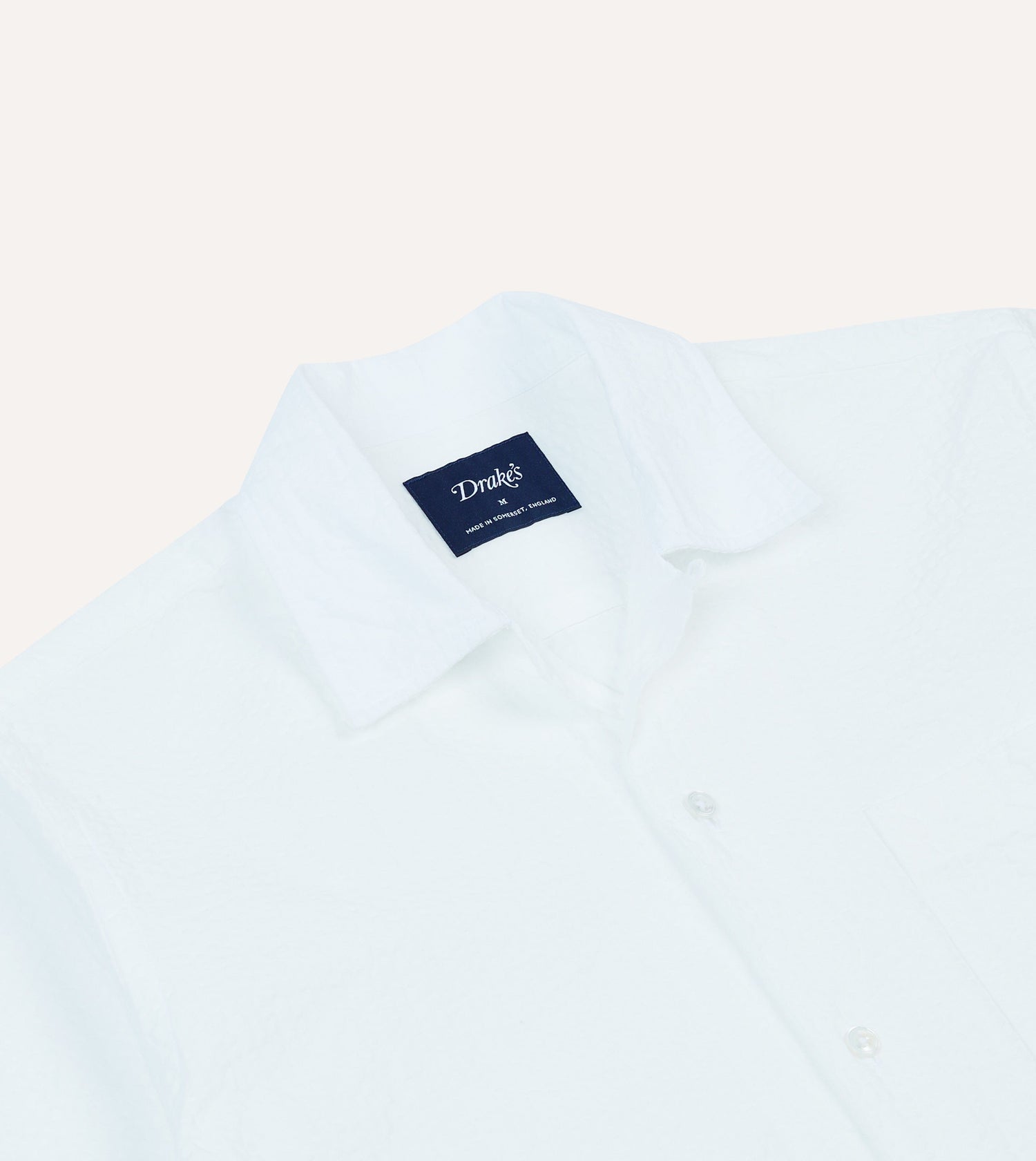 White Cotton-Linen Seersucker Camp Collar Short Sleeve Shirt