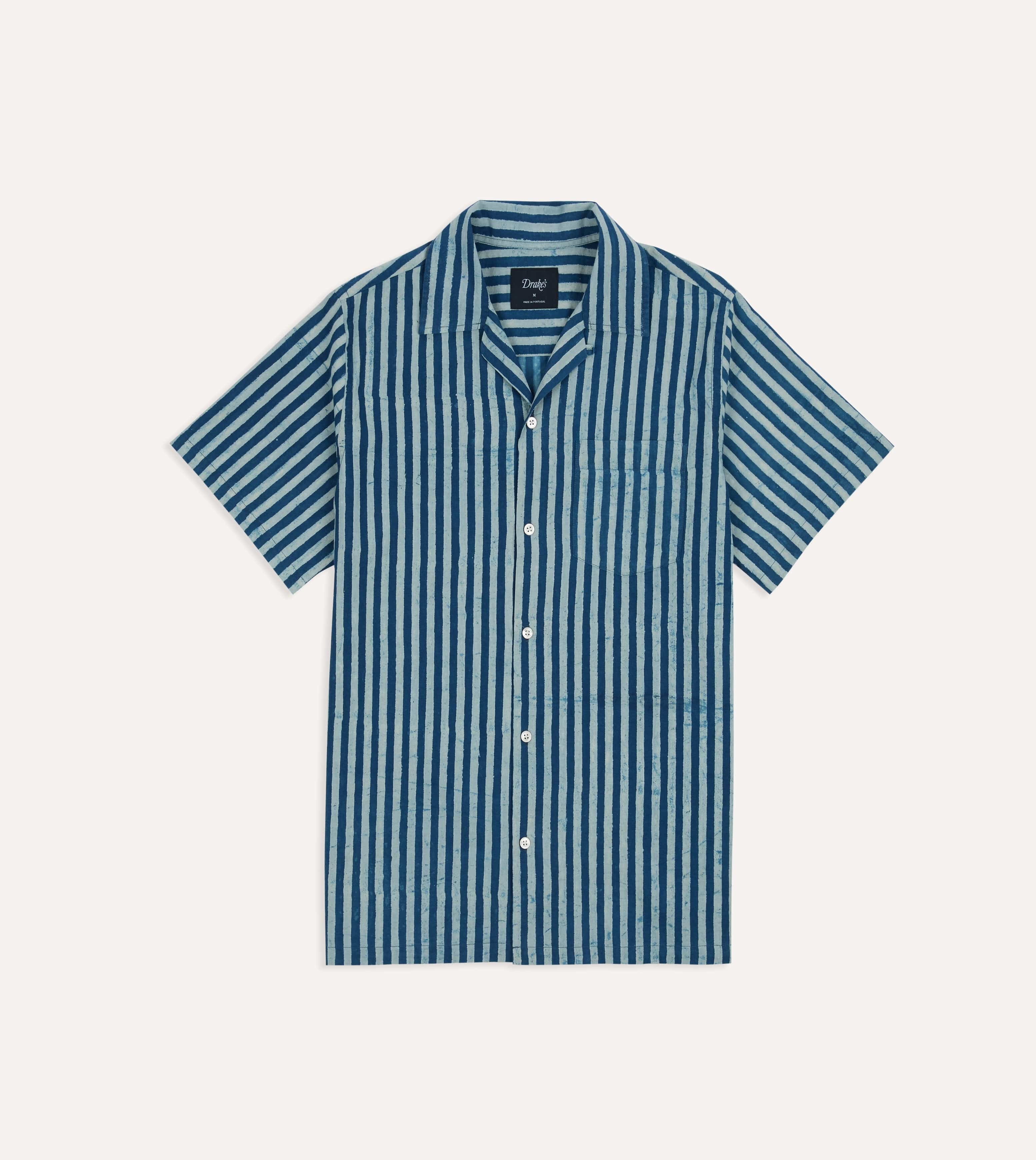 Indigo Stripe Block Print Cotton Camp Collar Short Sleeve Shirt