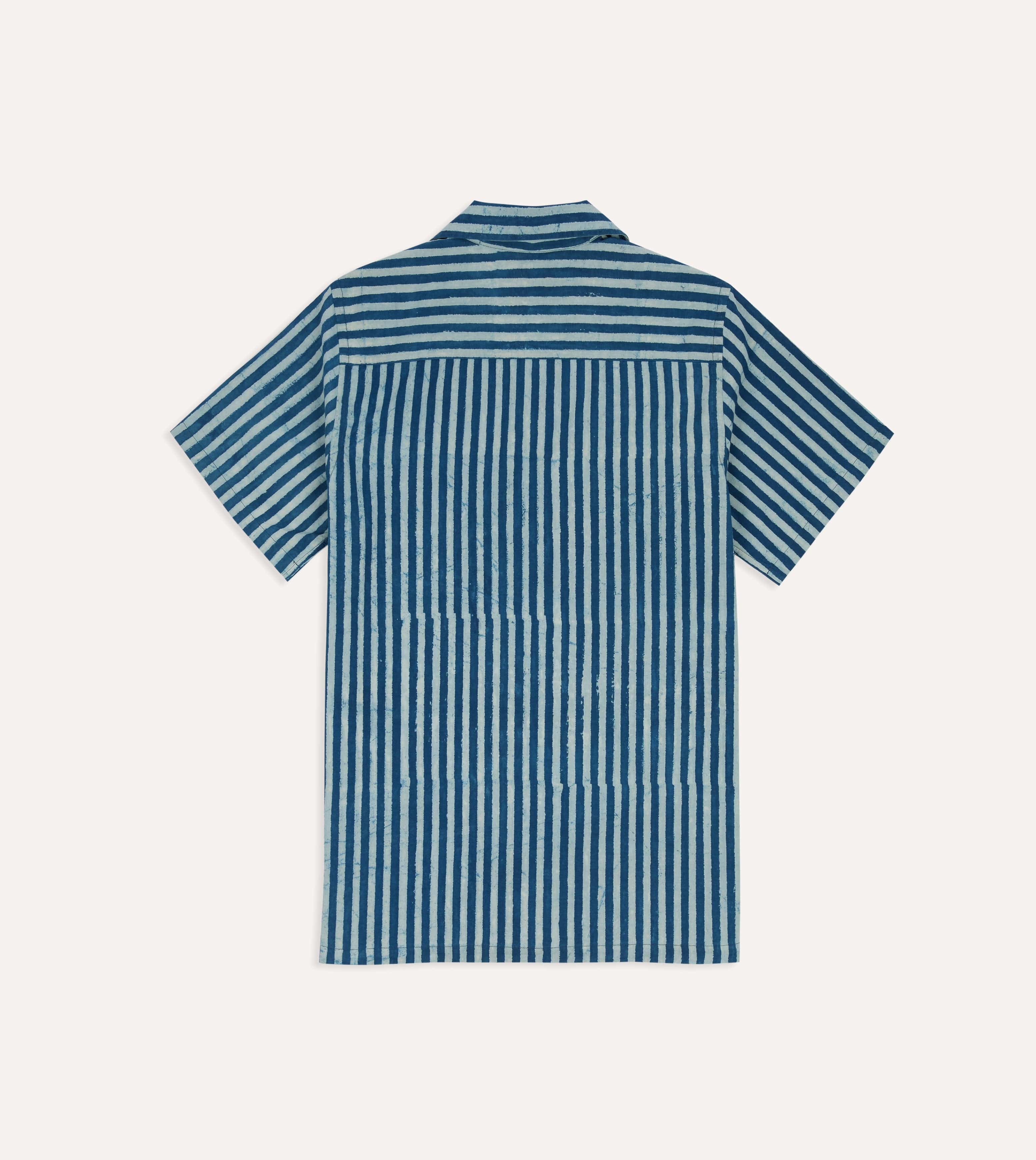 Indigo Stripe Block Print Cotton Camp Collar Short Sleeve Shirt