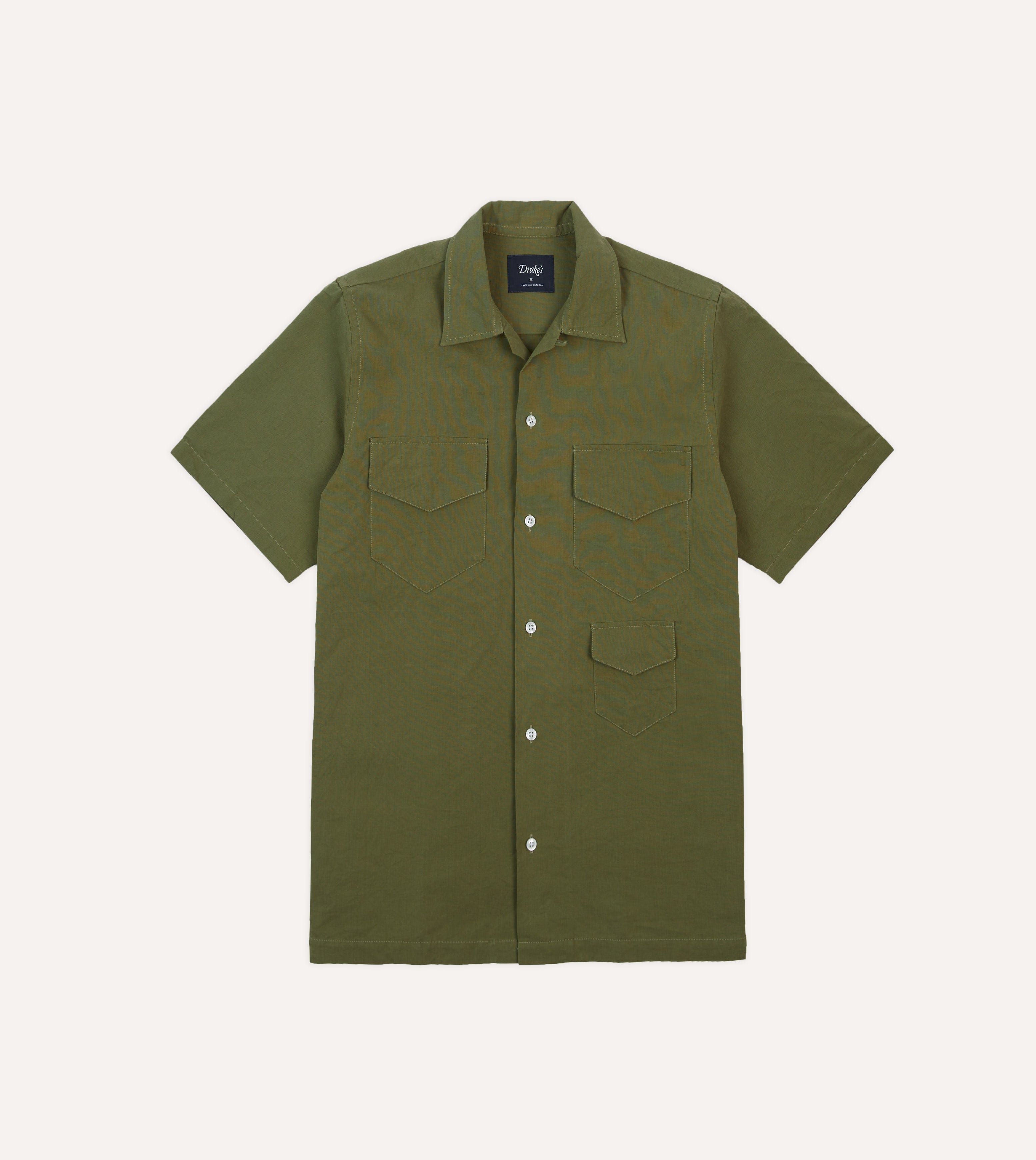 Olive Cotton-Linen Camp Collar Three Pocket Short Sleeve Shirt