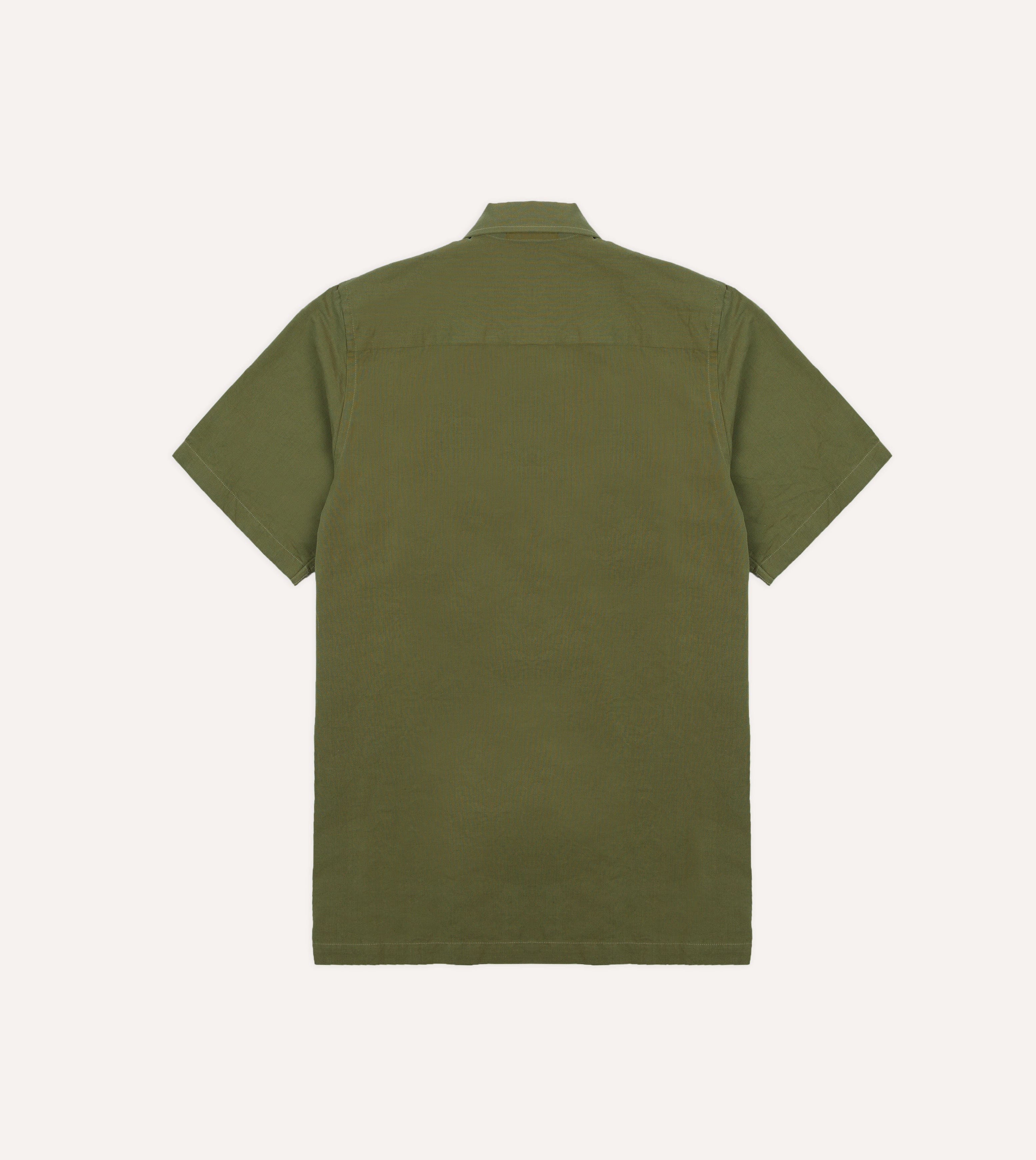 Olive Cotton-Linen Camp Collar Three Pocket Short Sleeve Shirt