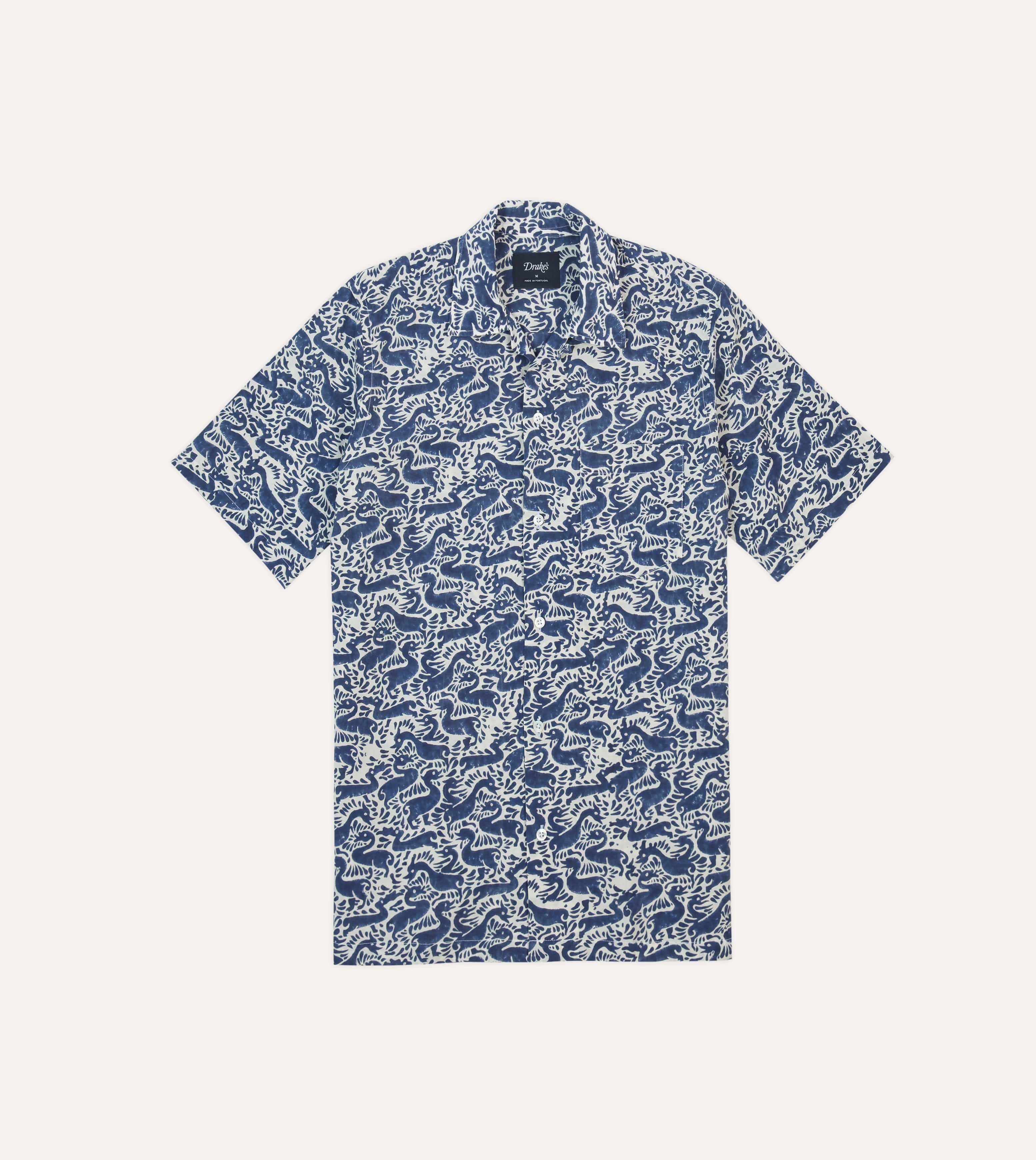 Navy Duck Block Print Cotton Camp Collar Short Sleeve Shirt