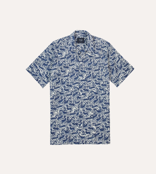 Navy Duck Block Print Cotton Camp Collar Short Sleeve Shirt – Drakes