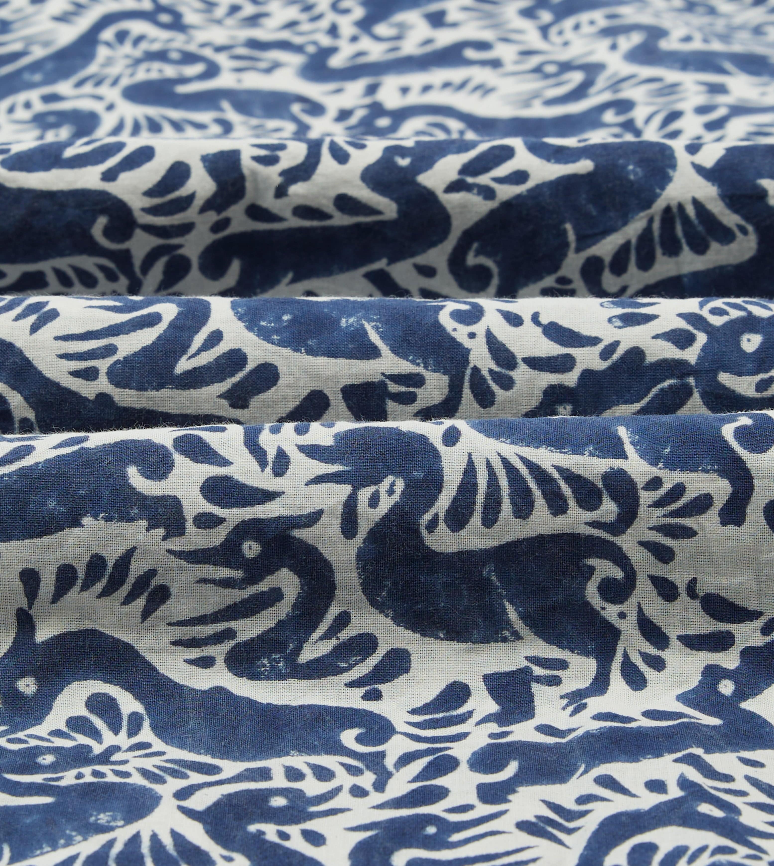 Navy Duck Block Print Cotton Camp Collar Short Sleeve Shirt