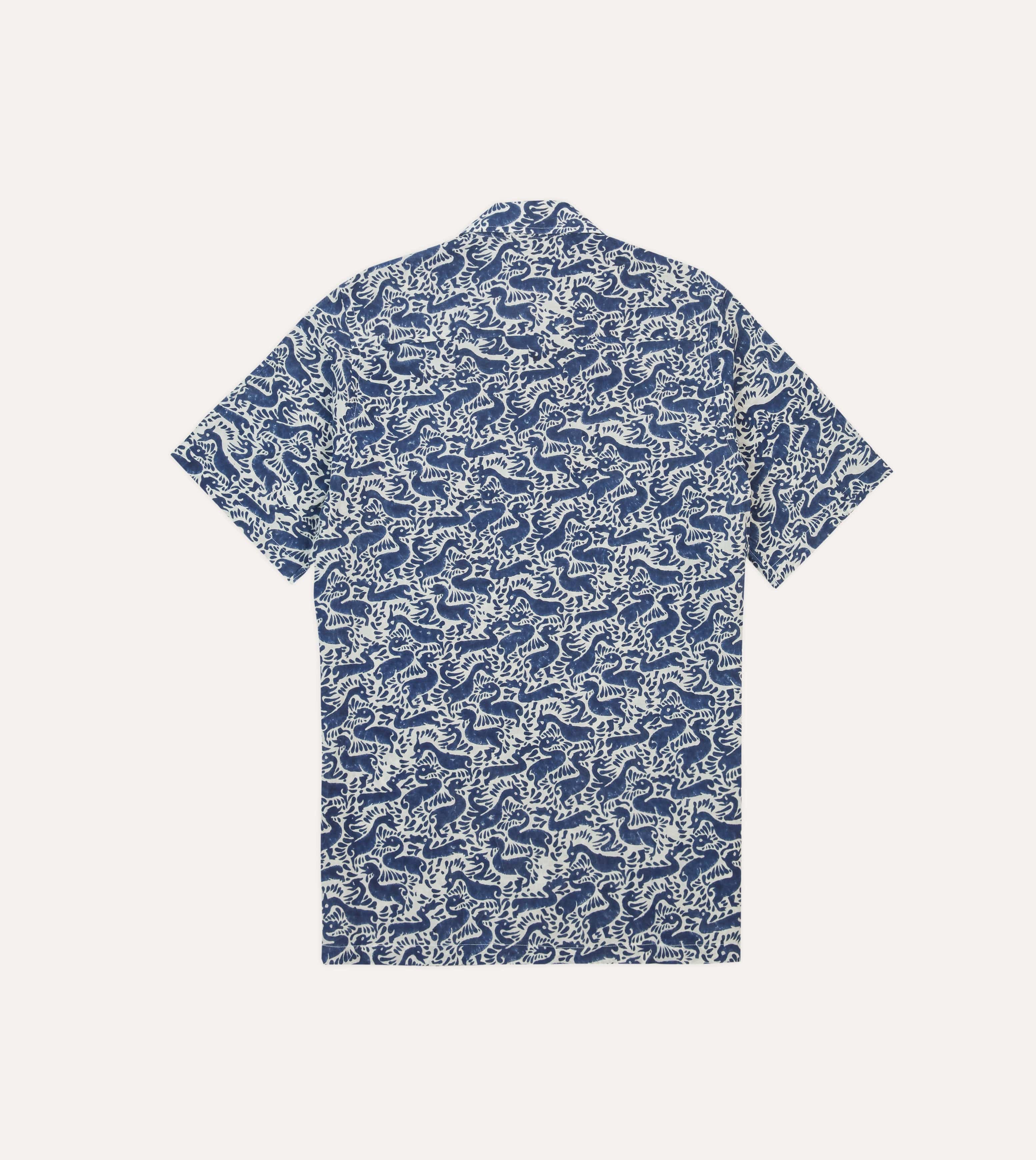 Navy Duck Block Print Cotton Camp Collar Short Sleeve Shirt