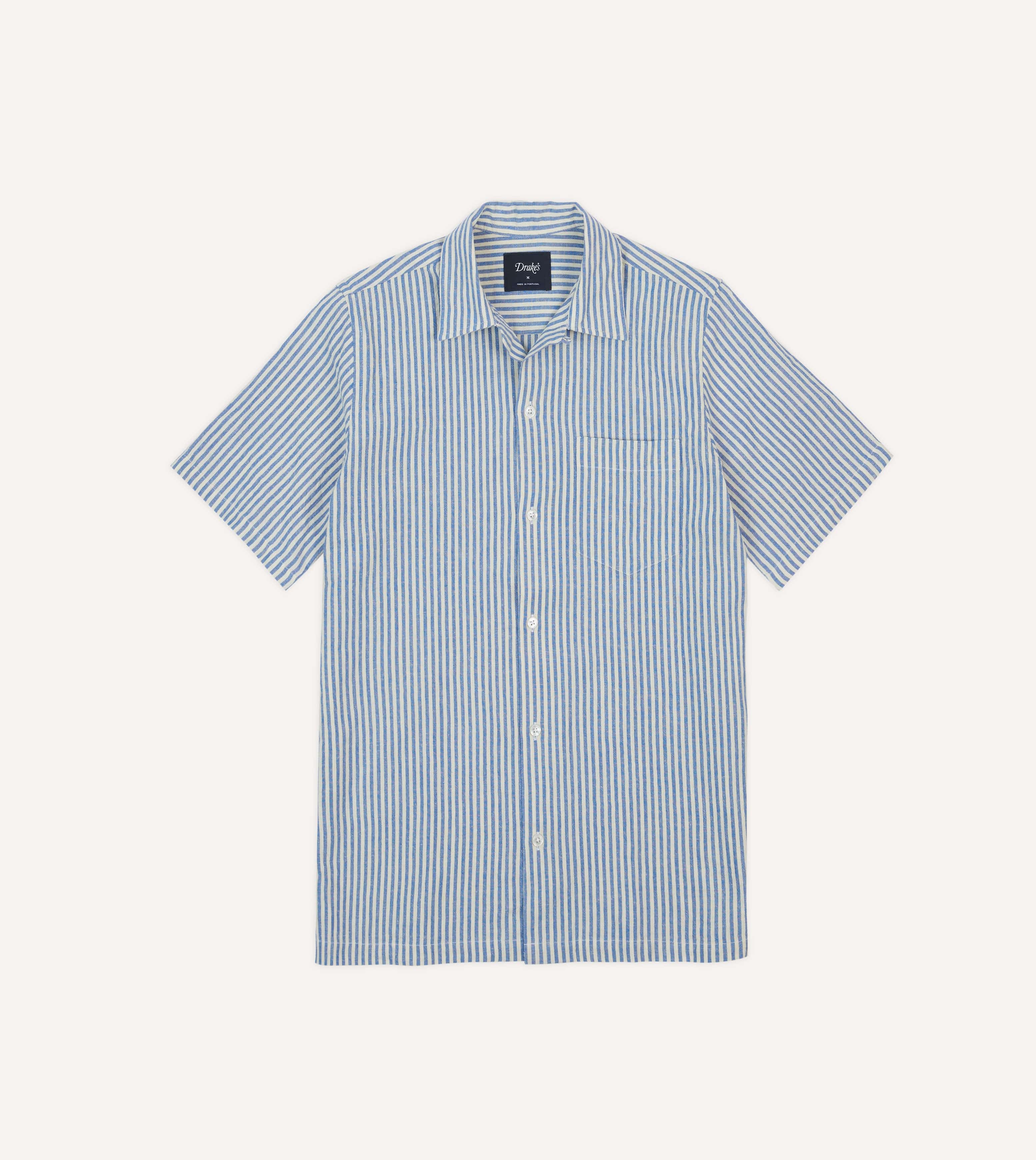 Blue and White Stripe Cotton-Linen Camp Collar Short Sleeve Shirt