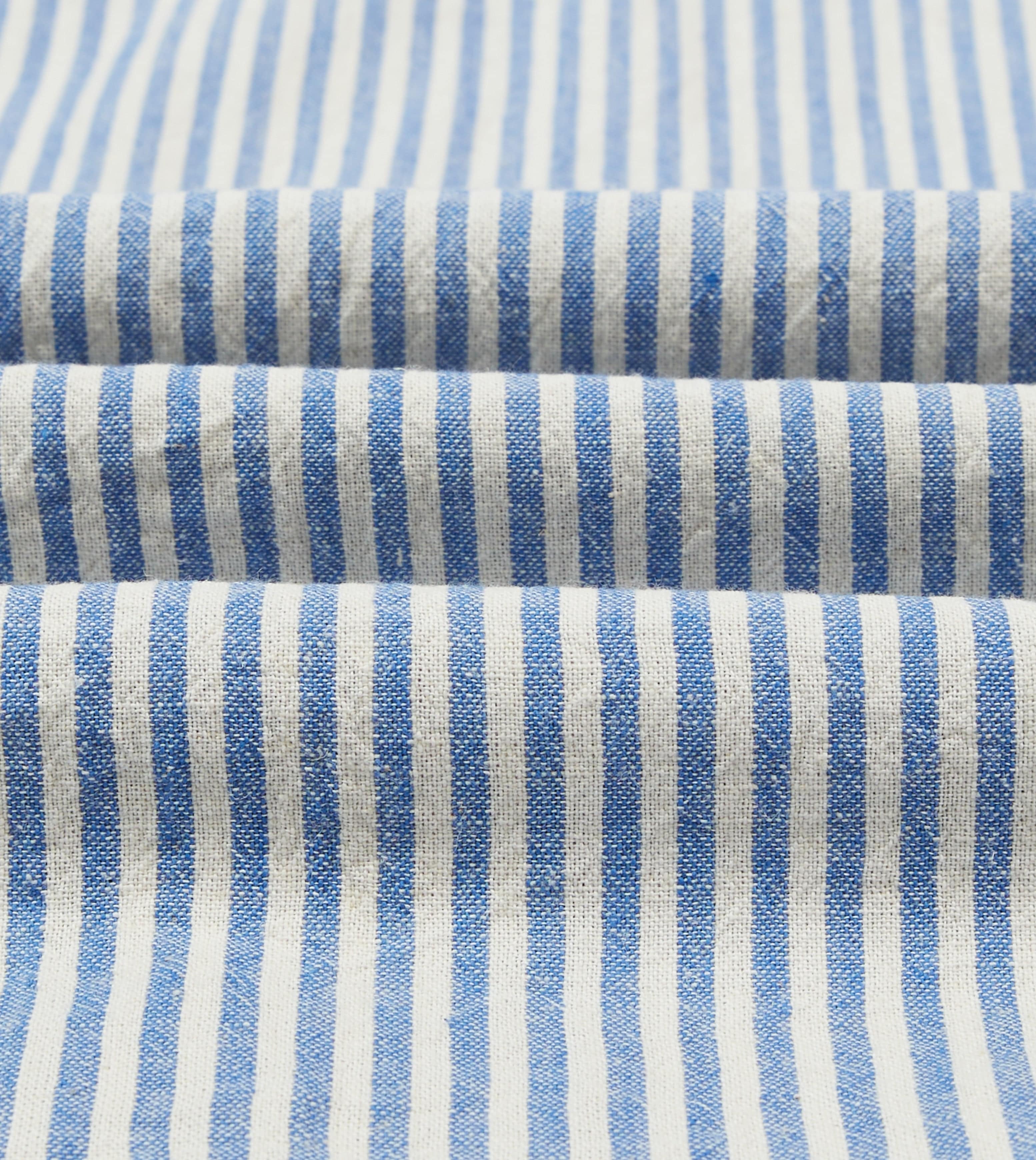 Blue and White Stripe Cotton-Linen Camp Collar Short Sleeve Shirt