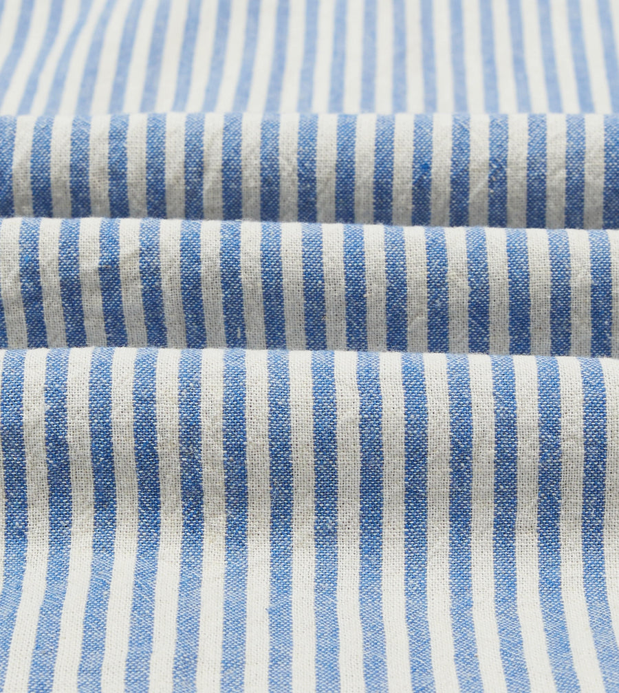 Blue and White Stripe Cotton-Linen Camp Collar Short Sleeve Shirt