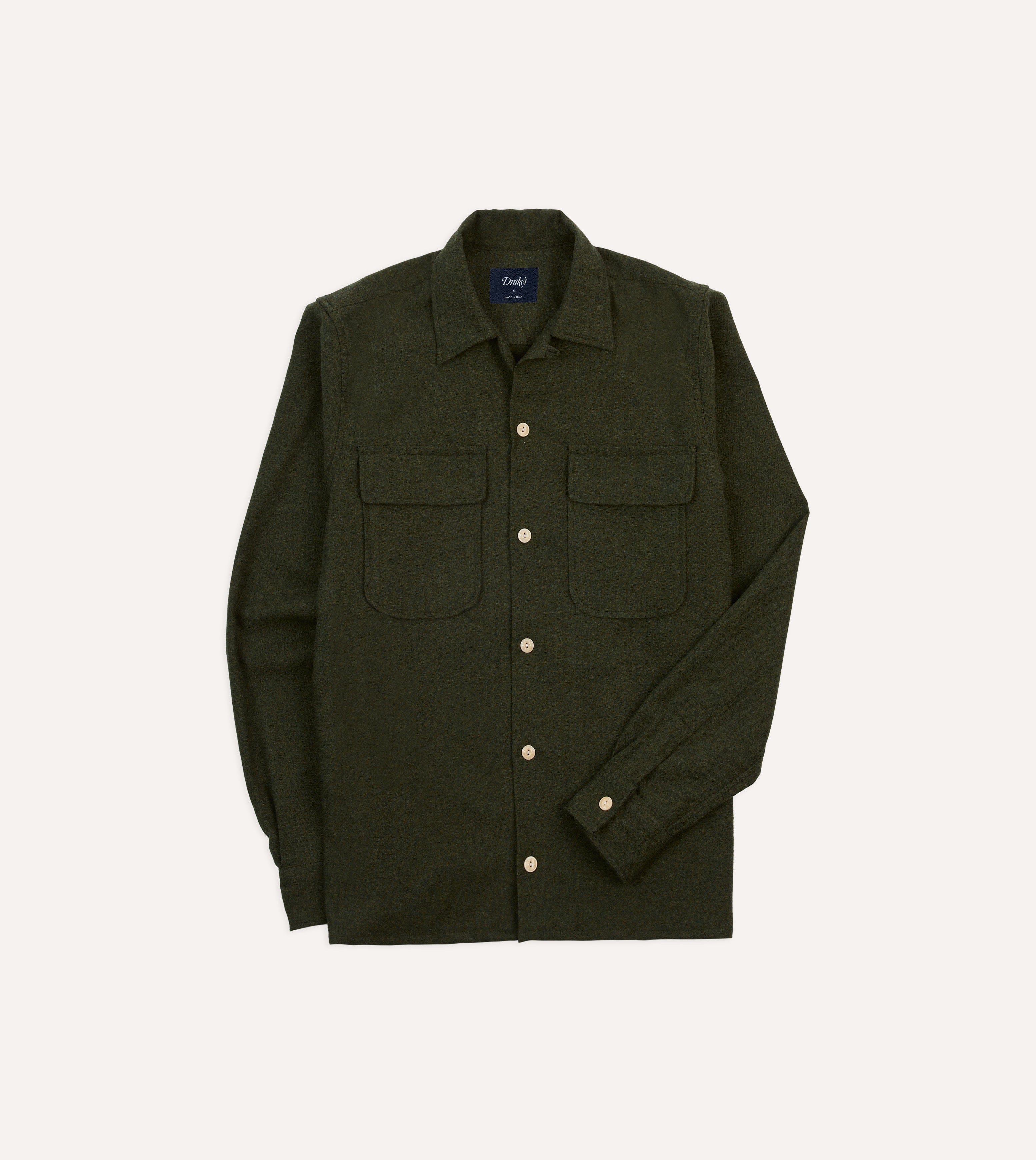 Dark Green Wool Two-Pocket Camp Collar Work Shirt