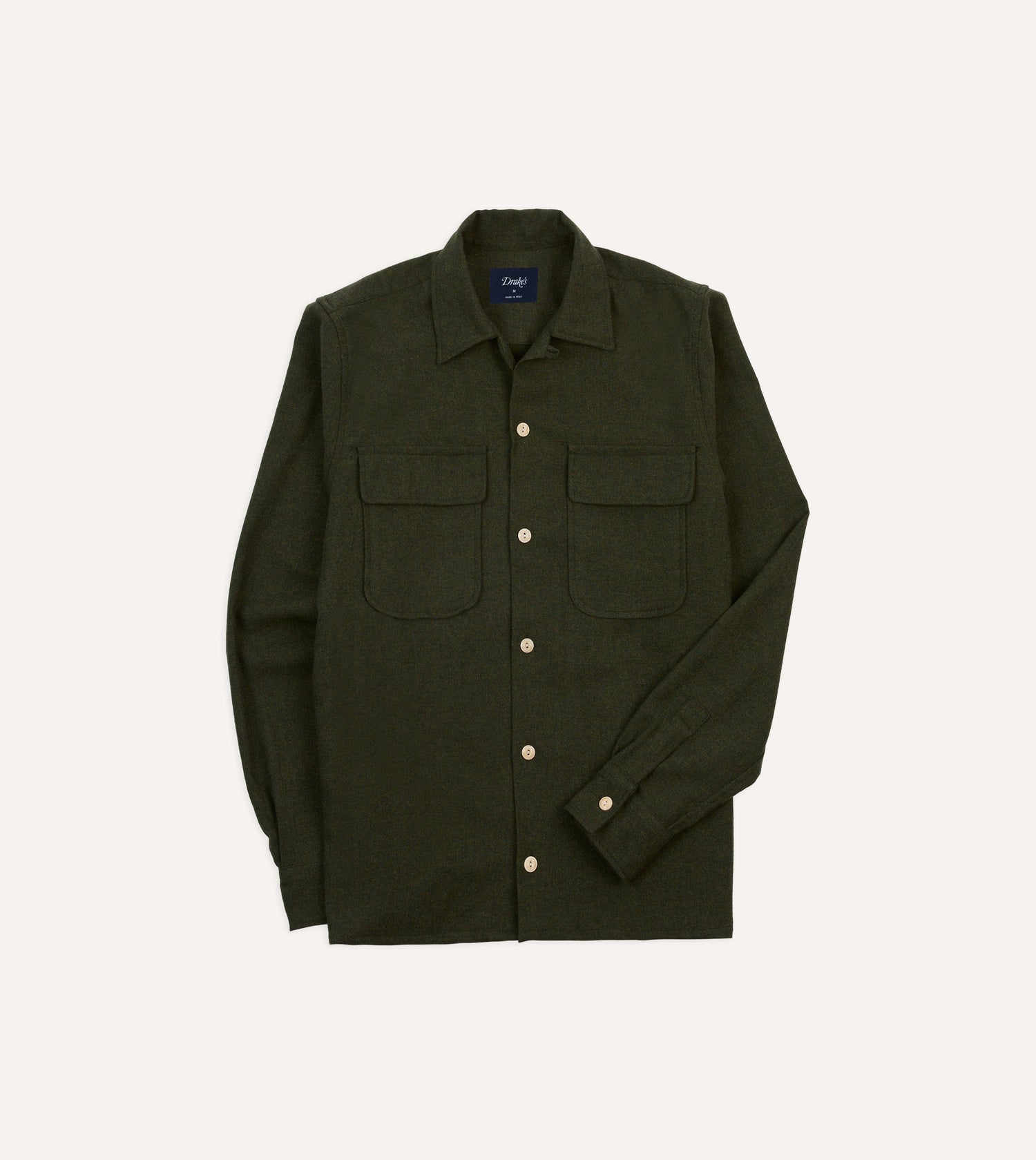 Dark Green Wool Two-Pocket Camp Collar Work Shirt