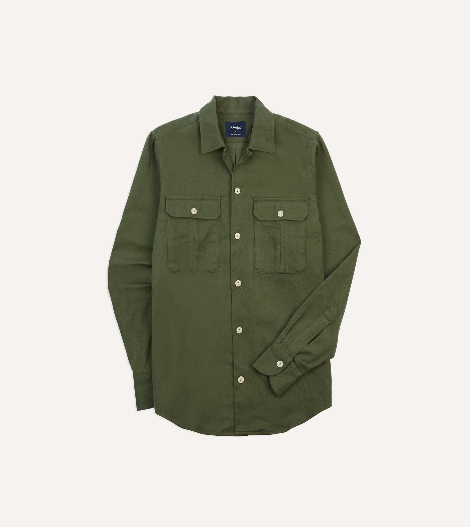 Olive Brushed Cotton Twill Two-Pocket Camp Collar Work Shirt