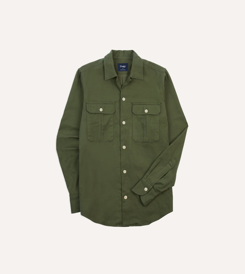 Olive Brushed Cotton Twill Two-Pocket Camp Collar Work Shirt